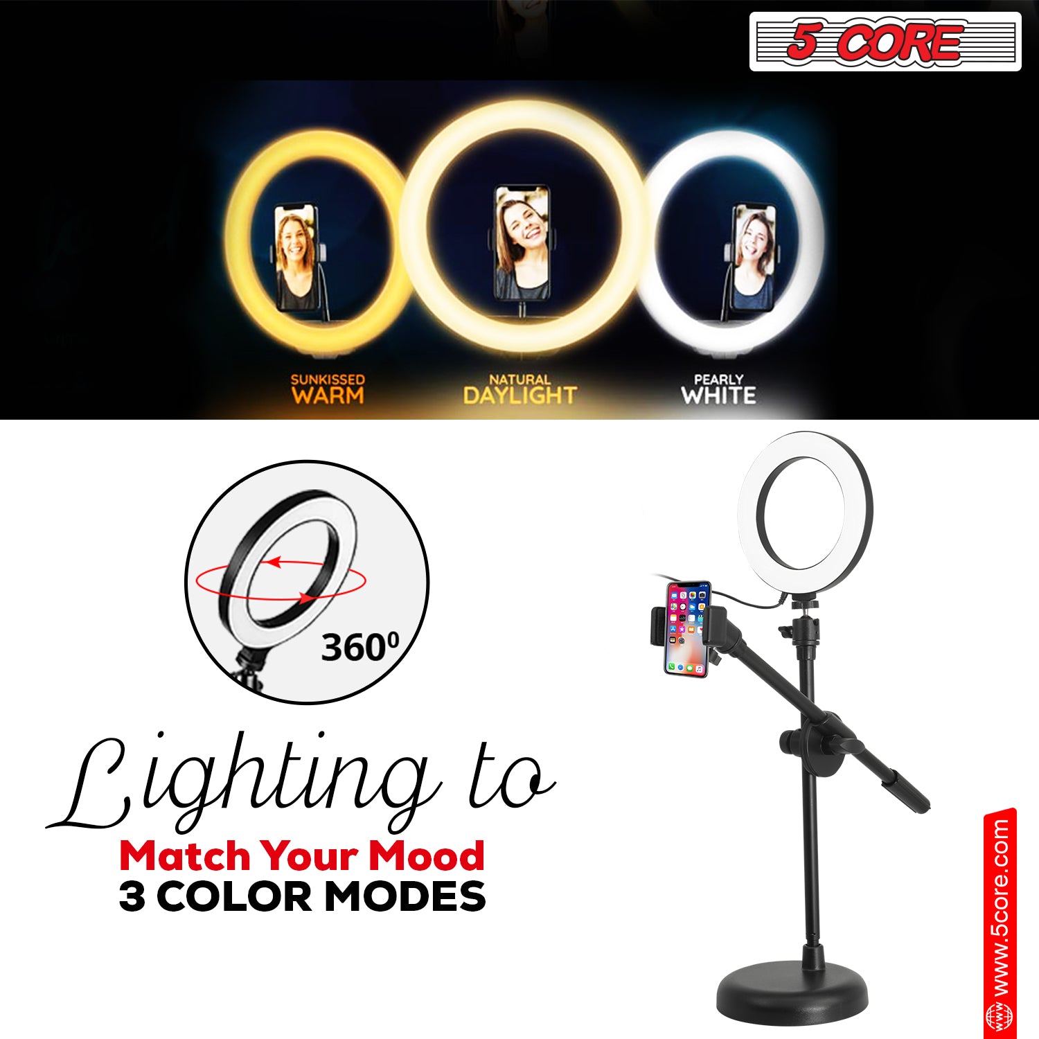 6 inch Ring Light with Cell Phone Stand Adjustable Ringlight Angle  LED Circle Light w Phone Holder