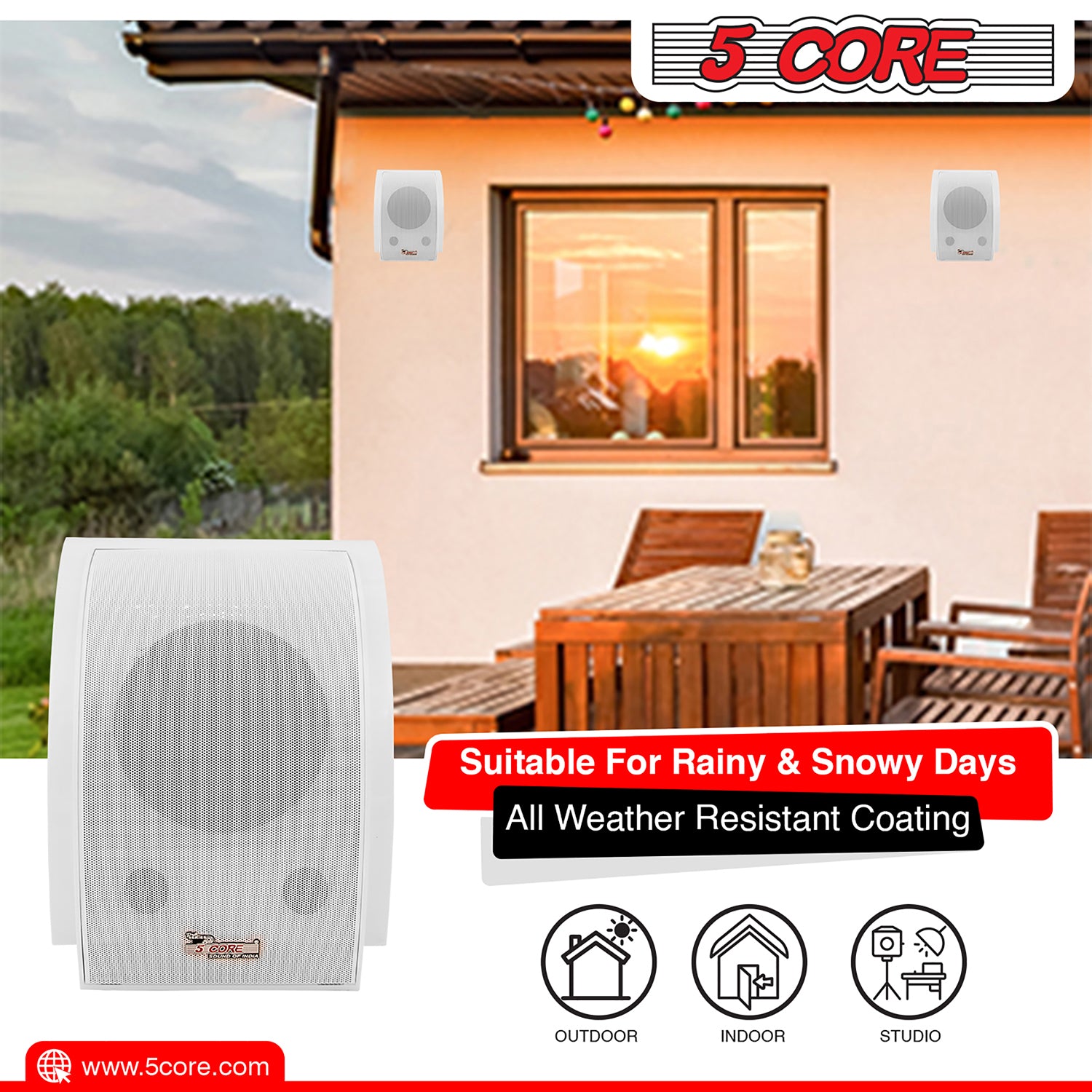 5Core Outdoor Wall Speakers 2Pc 2 Way 80W Max Power Heavy Duty Waterproof 6.5" Wall Mount Speakers