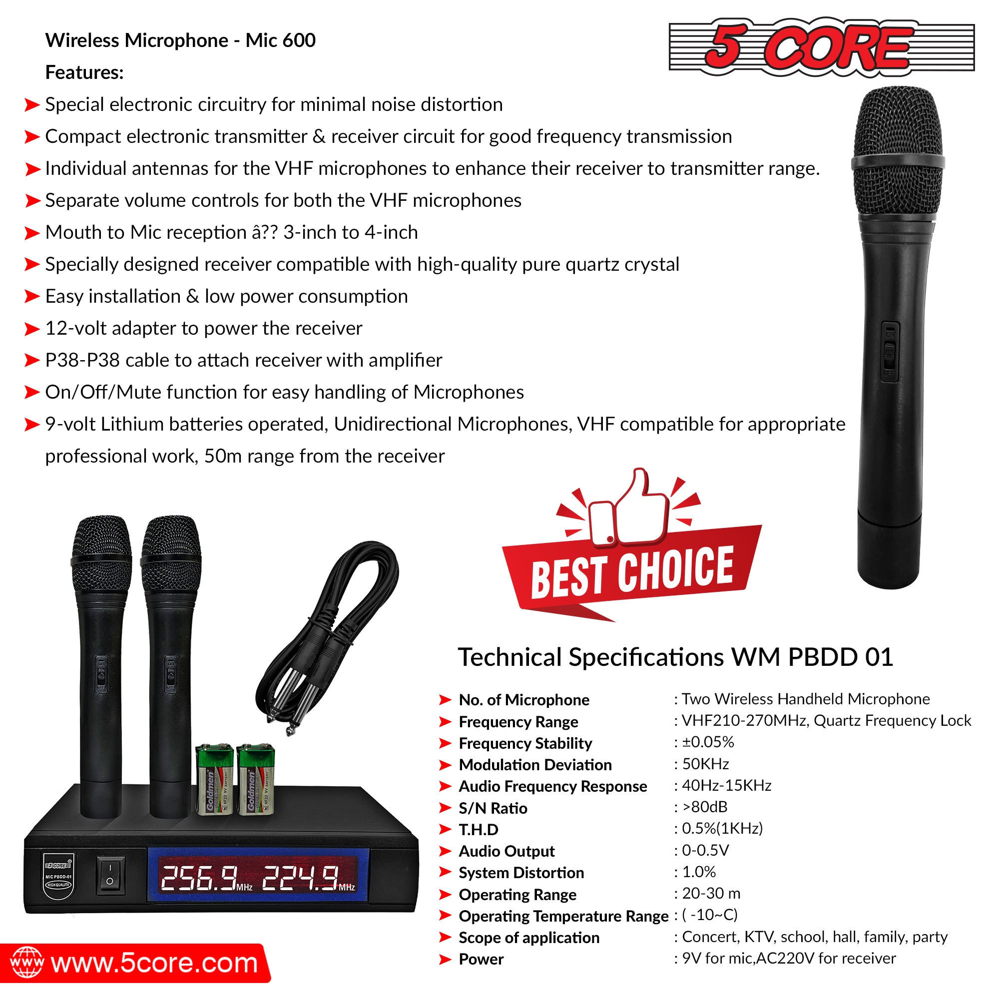 5Core VHF Dual Channel DIGITAL  2 Pieces Wireless Microphone System Receiver &  Hand Mic WM PBDD 01