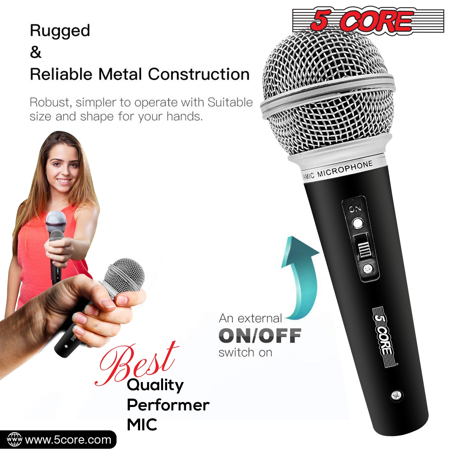 5 Core Karaoke Microphone Dynamic Vocal Handheld Mic Cardioid Unidirectional Microfono w On and Off Switch Includes XLR Audio Cable for Singing, Public Speaking & Parties -PM 58