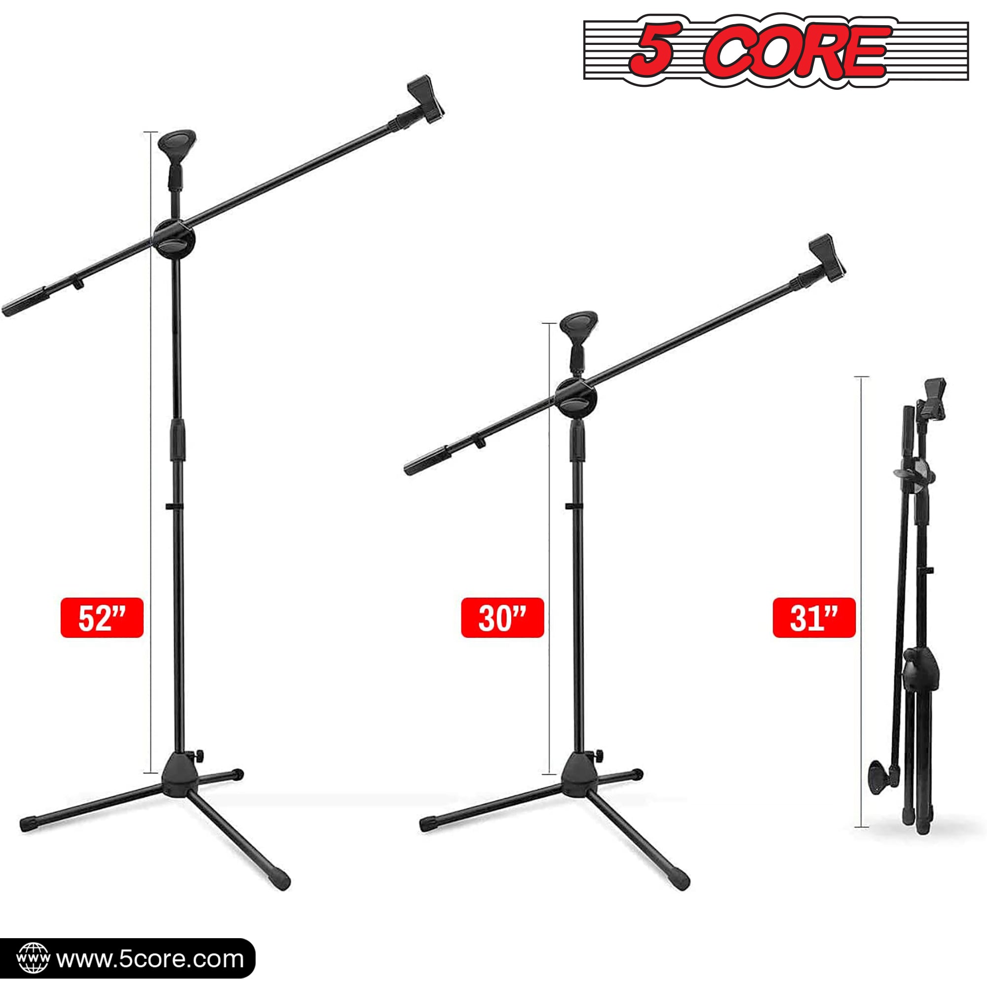 5 Core Mic Stand Black 1 Piece Collapsible Height Adjustable 31 to 59” Dual Metal Microphone Tripod Stand w Boom Arm Stand Para Microfono for Singing, Karaoke, Stage and Outdoor Activities - MS DBL