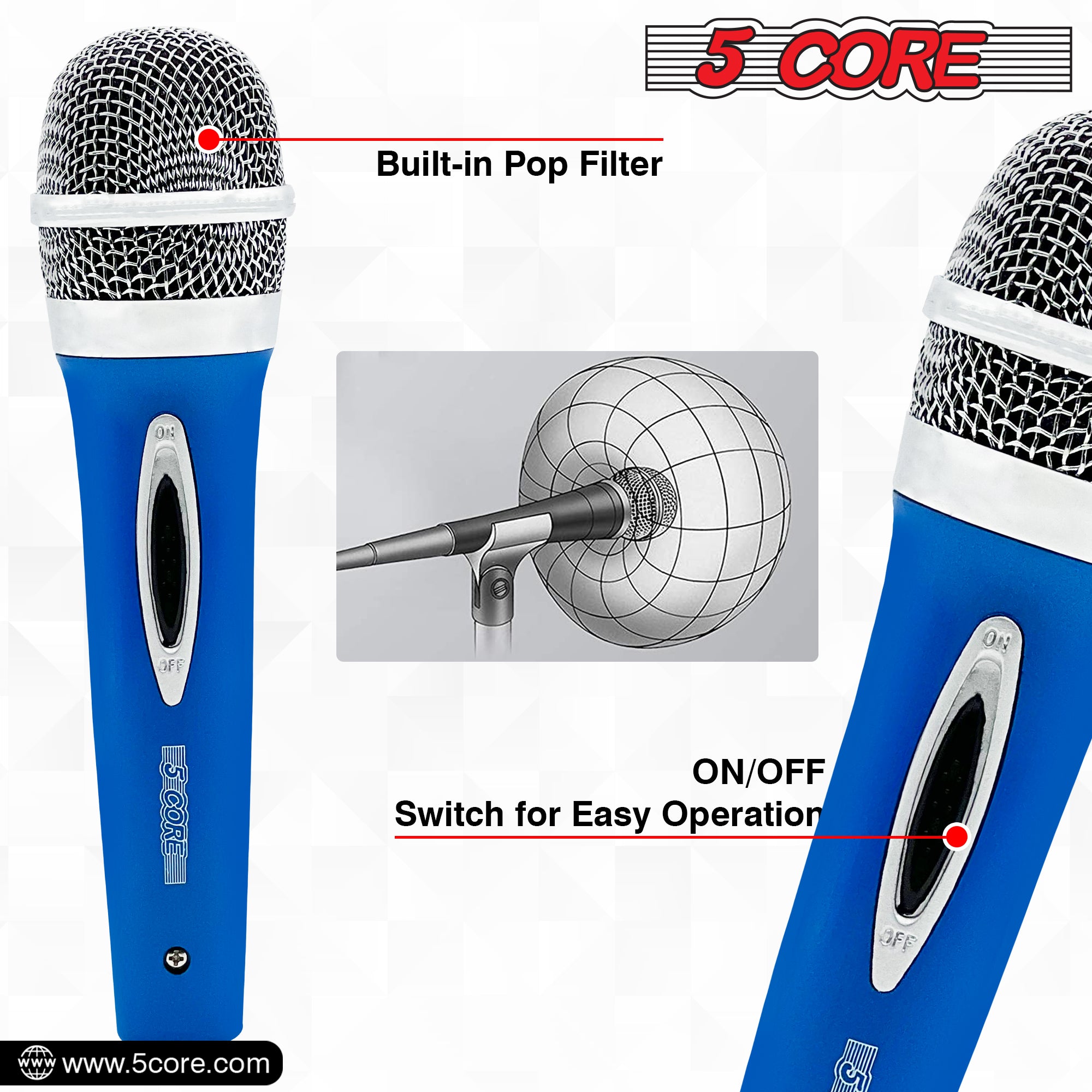 5 Core Karaoke Microphone Dynamic Vocal Handheld Mic Cardioid Unidirectional Microfono w On and Off Switch Includes XLR Audio Cable for Singing, Public Speaking, & Parties -PM 286 BLU
