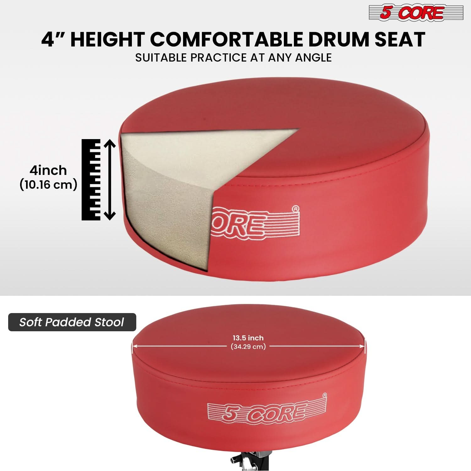 5Core Drum Throne Padded Adjustable Guitar Stool Drummer Seat for Adults & Kids RED