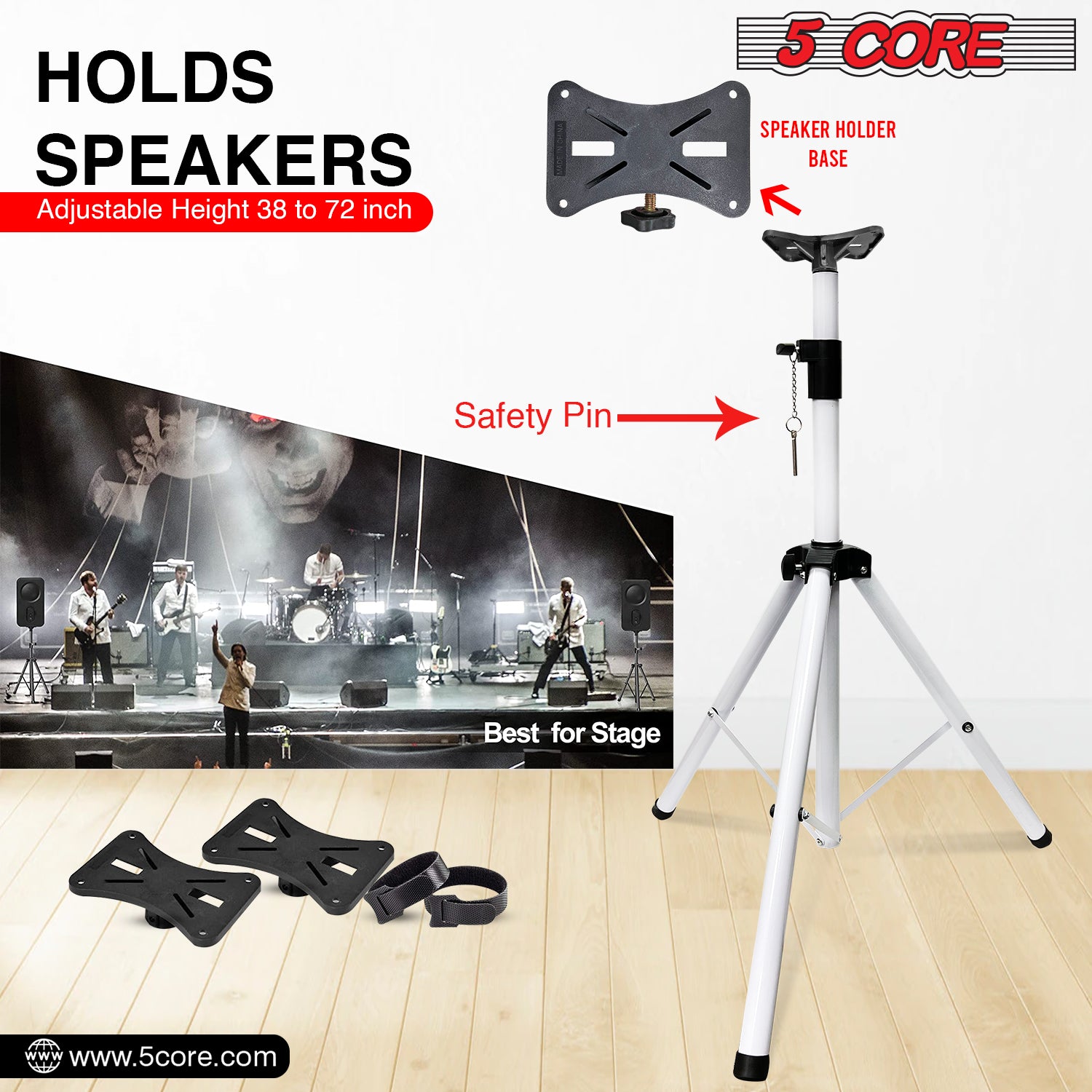 5 Core speaker Stand 2 Pieces Subwoofer Stands White Height Adjustable Light Weight Studio PA Speaker Holder for Large Speakers w Locking Safety PIN and 35mm Compatible Insert On Stage In Studio Use - SS ECO 2PK WH WoB