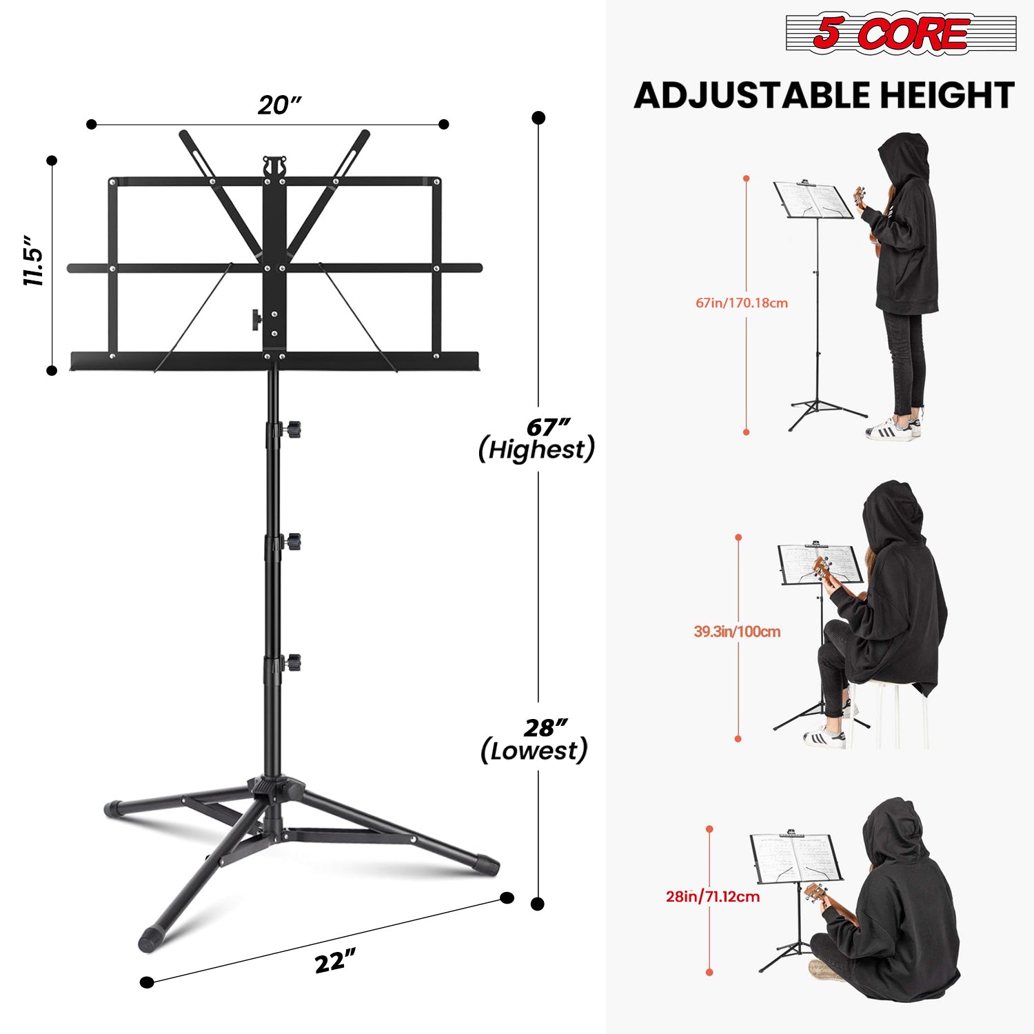 5Core Music Stand For Sheet Music Portable Tripod Adjustable Folding Note Holder Higher BLACK