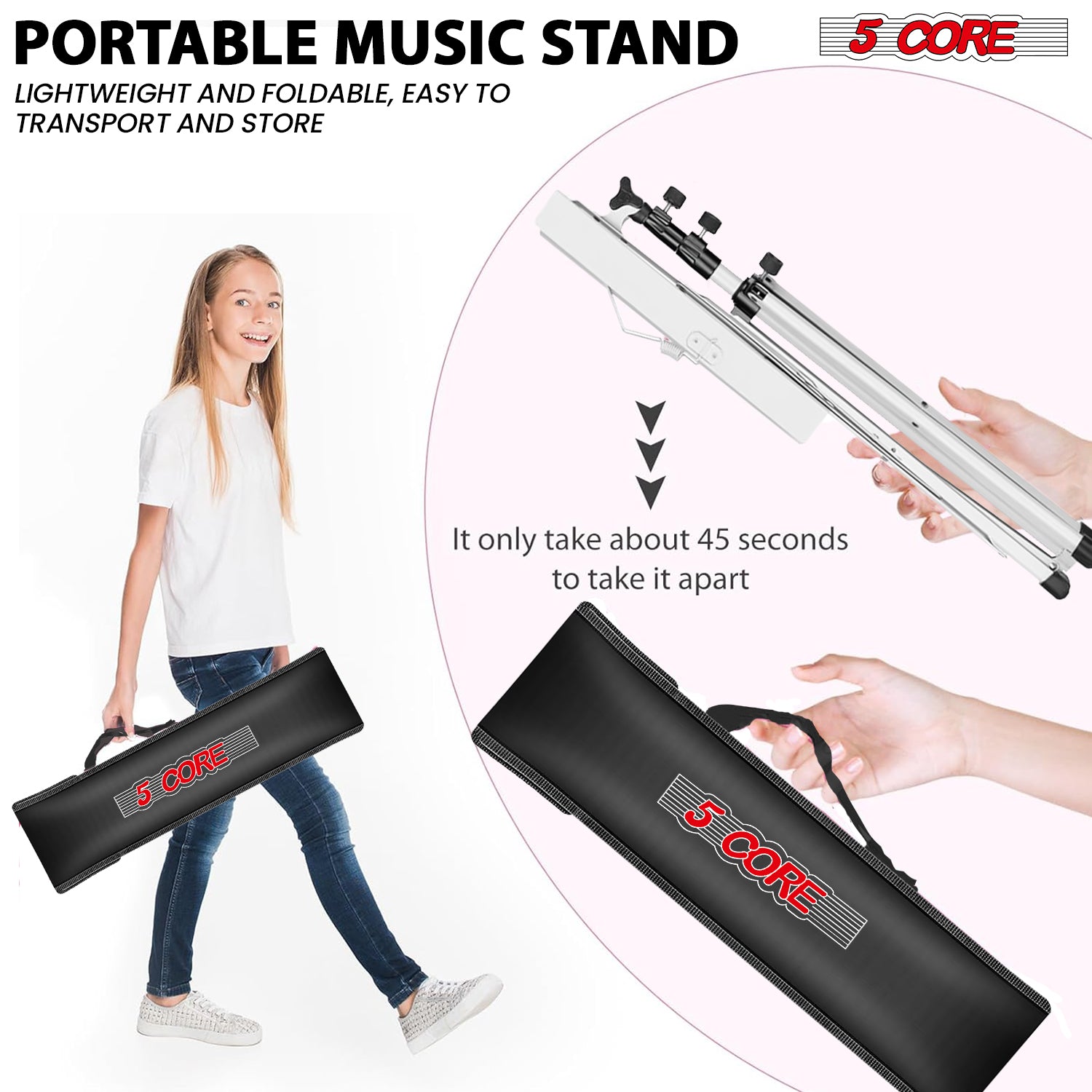 5Core Music Stand For Sheet Music Portable Tripod Adjustable Folding Note Holder WHITE