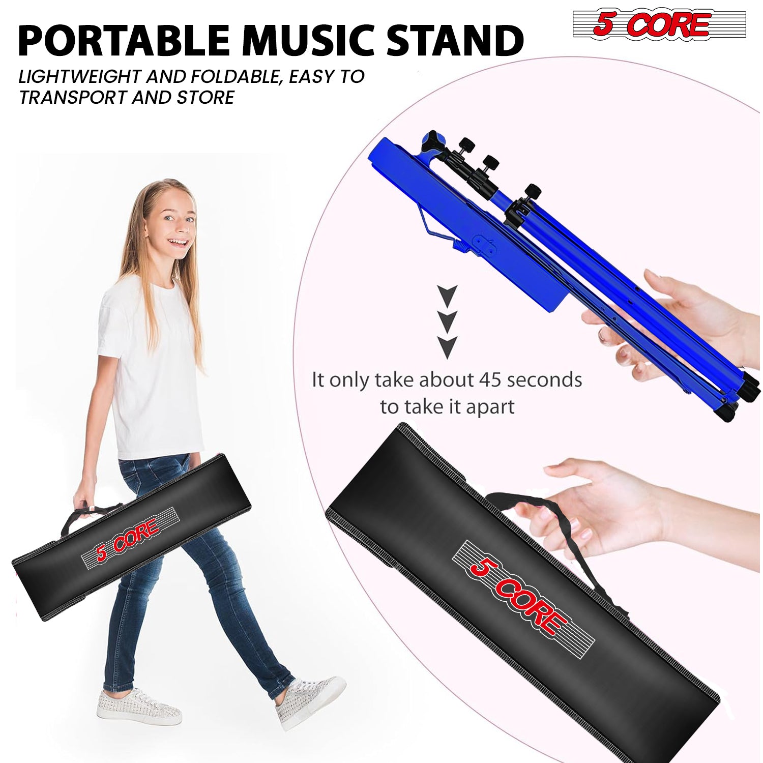 5Core Music Stand For Sheet Music Portable Tripod Adjustable Folding Note Holder Higher BLUE