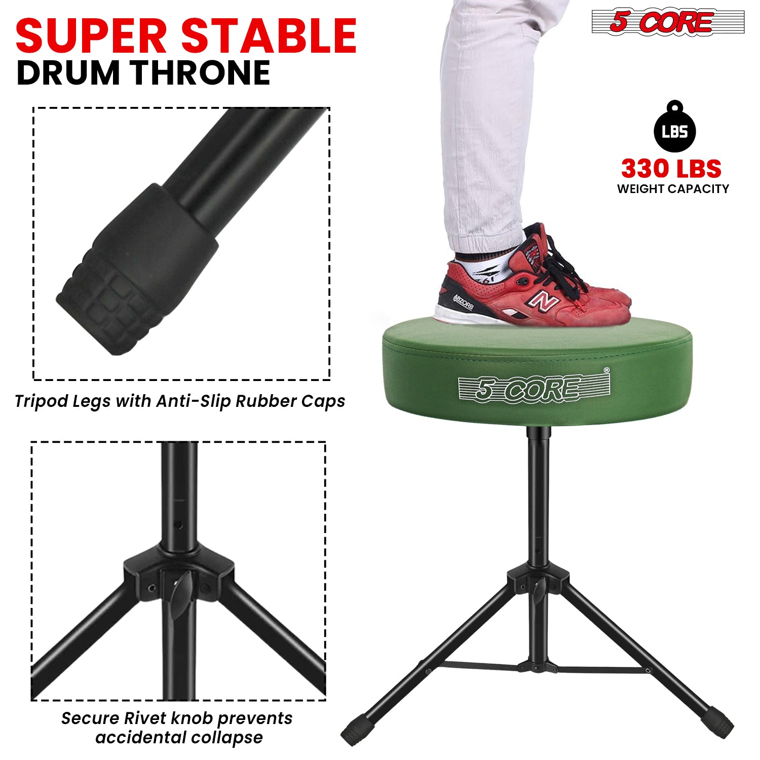 5Core Drum Throne Adjustable Guitar Stool Padded Drummer Seat for Adults & Kids Dark Green