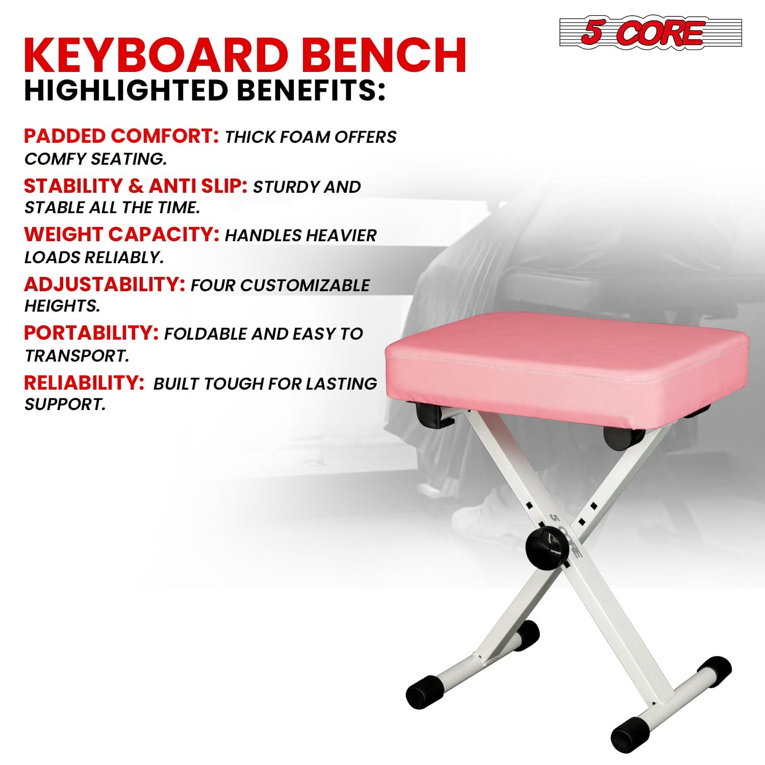 5 Core Keyboard Bench X Style Piano Stool Heavy Duty Adjustable Keyboards Chair Pink