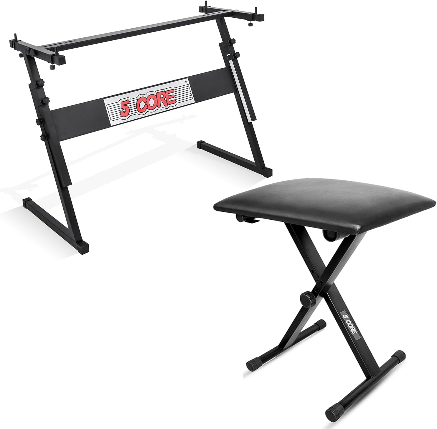 5Core Keyboard Stand Adjustable z Style Piano Riser BLACK + Keyboard Piano Bench BLACK