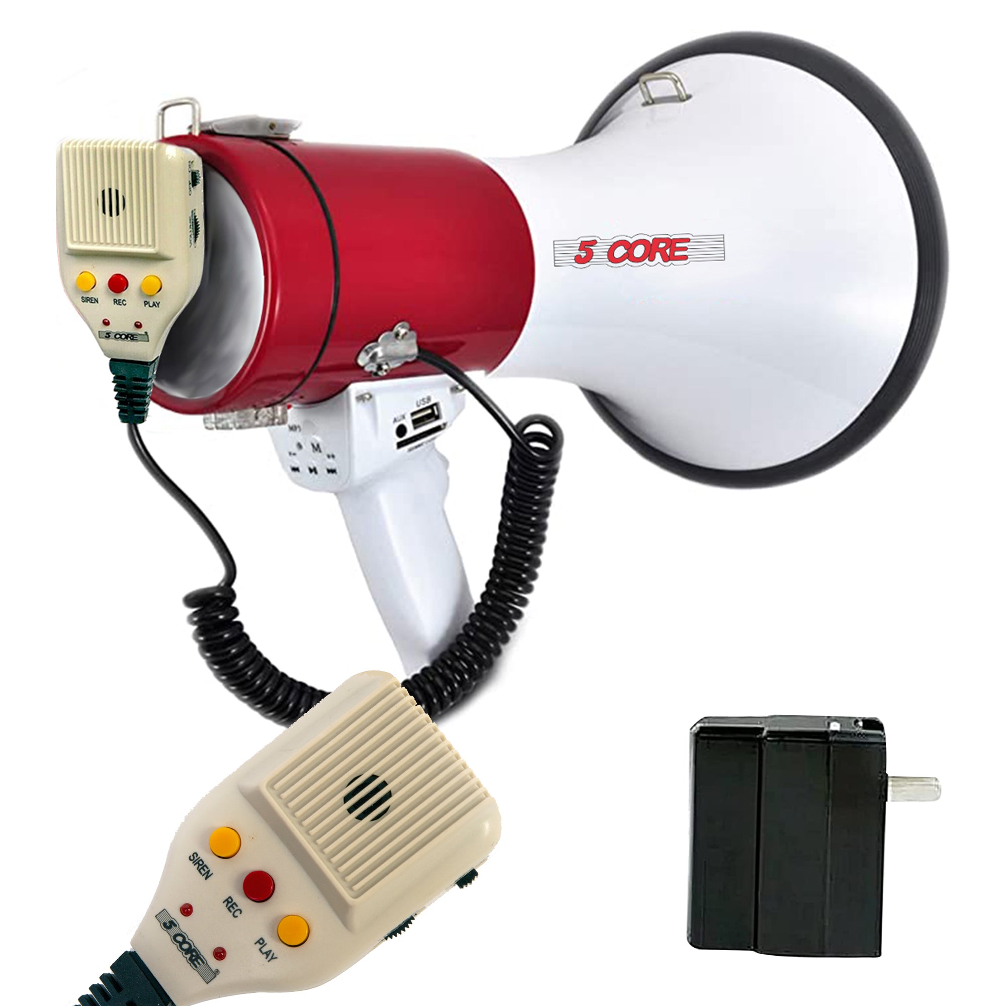 5 Core High Power Megaphone 50W Loud Siren Noise Maker Professional Bullhorn Speaker Rechargeable PA System w Recording USB SD Card -66SF WB