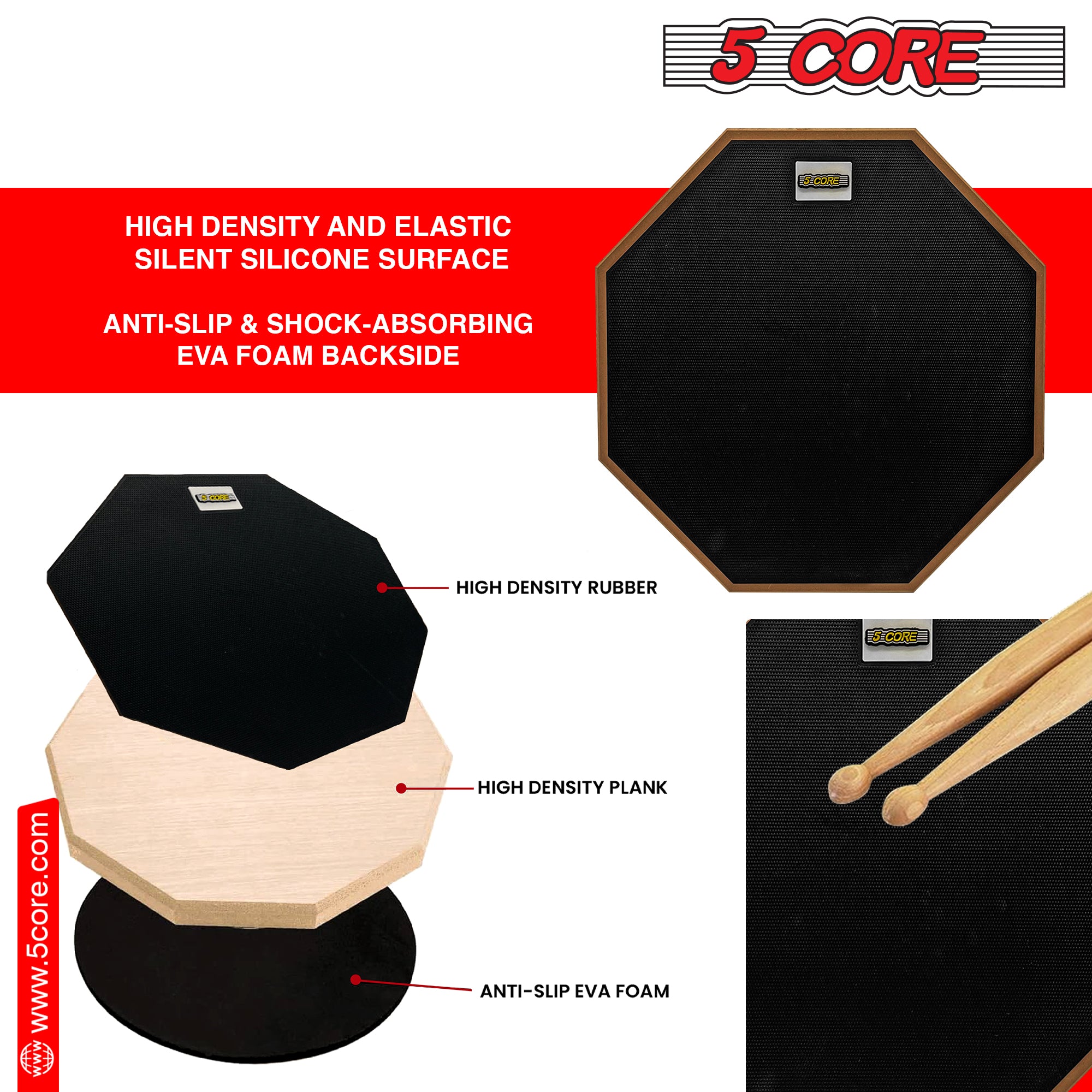 5 Core Drum Practice Pad Set • 12" Adjustable Snare Drumming Stand • Double Sided Silent Drummer Kit
