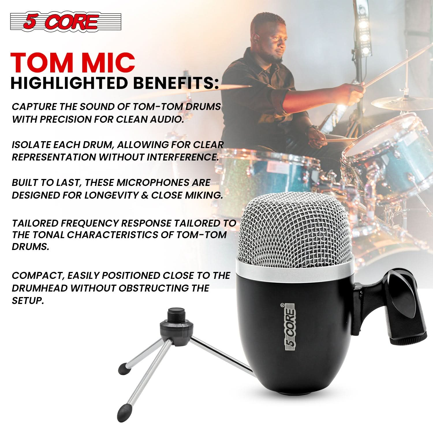 5Core Tom Snare Mic Cardioid Dynamic Microphone for Drum Kit Precision Instrument