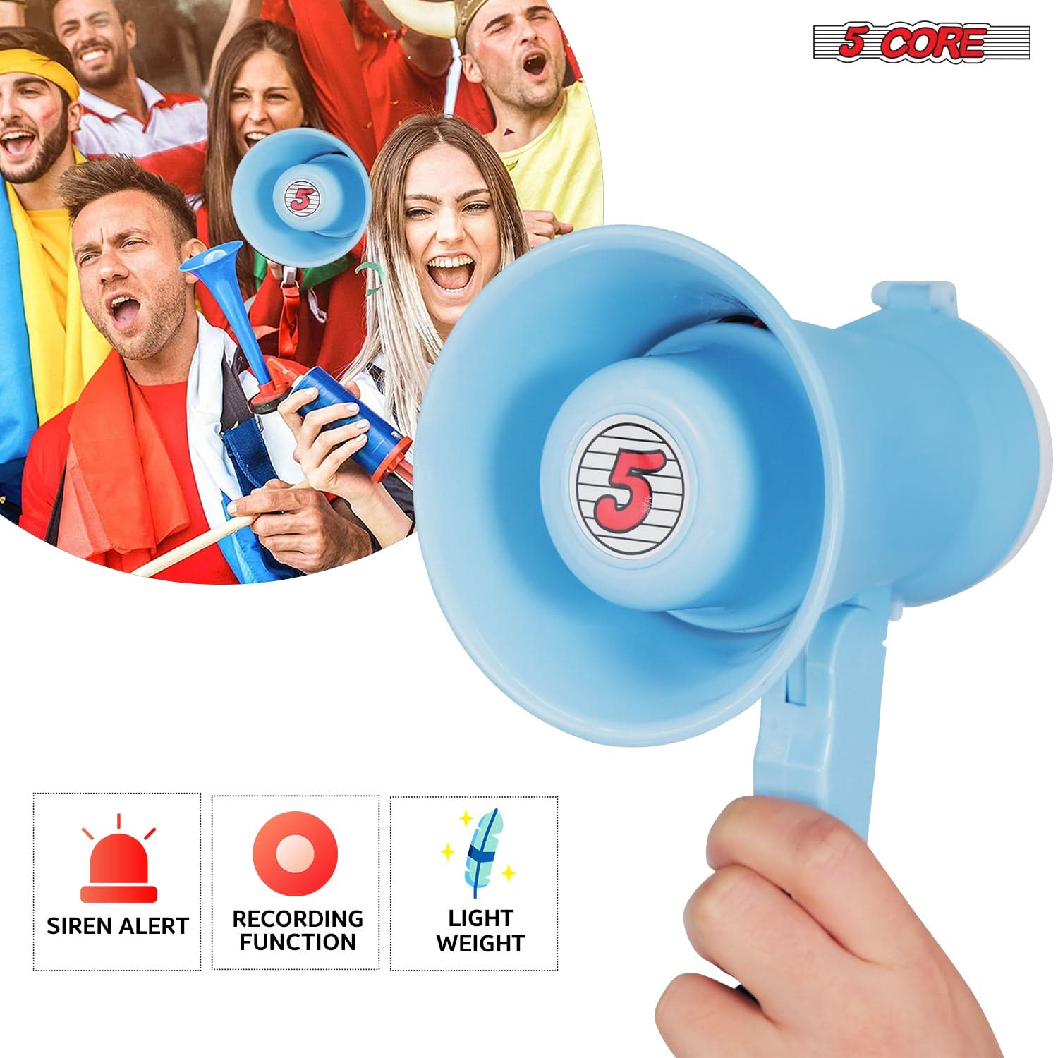 5 Core Megaphone Bullhorn Speaker 15W Mini Battery Power Bull horn w Siren 400 Yard Range SKY BLUE