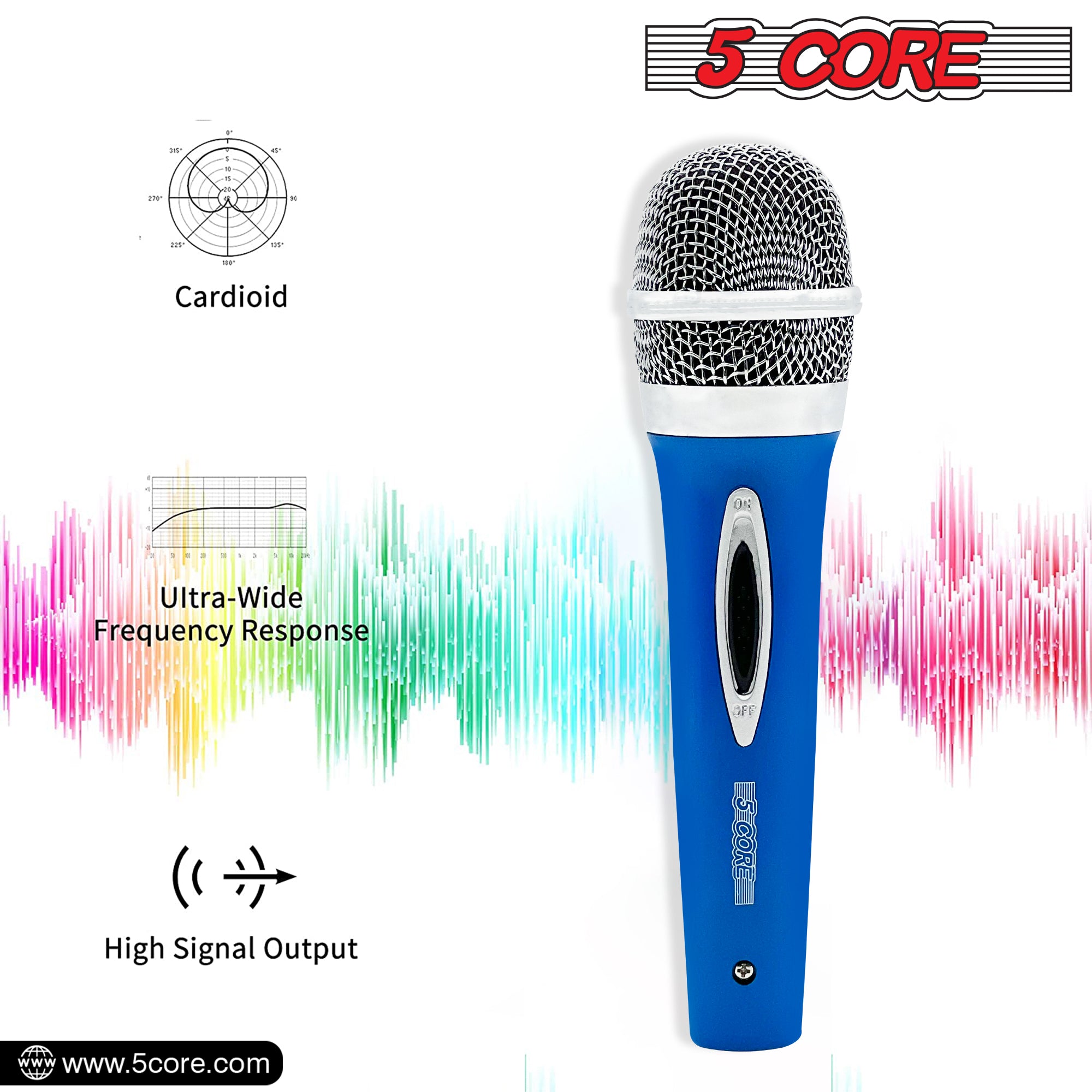 5 Core Karaoke Microphone Dynamic Vocal Handheld Mic Cardioid Unidirectional Microfono w On and Off Switch Includes XLR Audio Cable for Singing, Public Speaking, & Parties -PM 286 BLU