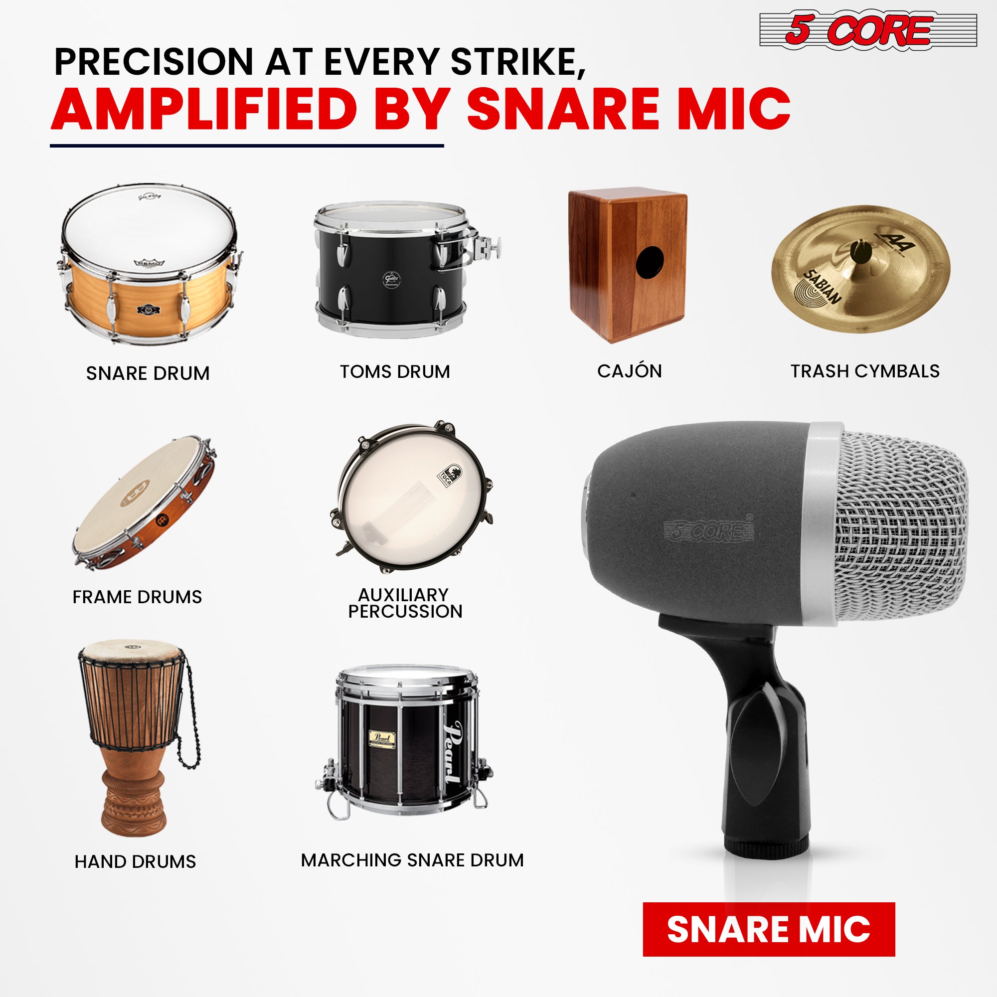 5 Core Snare Microphone • XLR Wired Uni Directional Tom Drum and Other Musical Instrument Mic