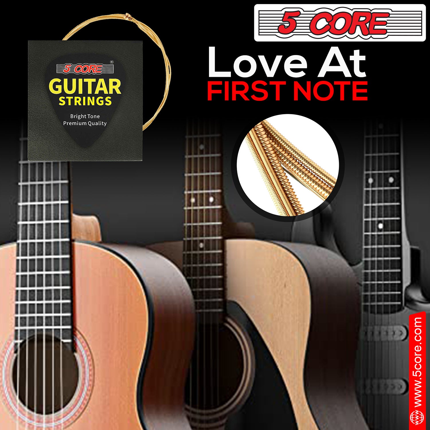 5Core Acoustic Guitar Strings 0.010-0.047 Steel Gauge Heavy Duty w Bright Tone For 6 String Guitars