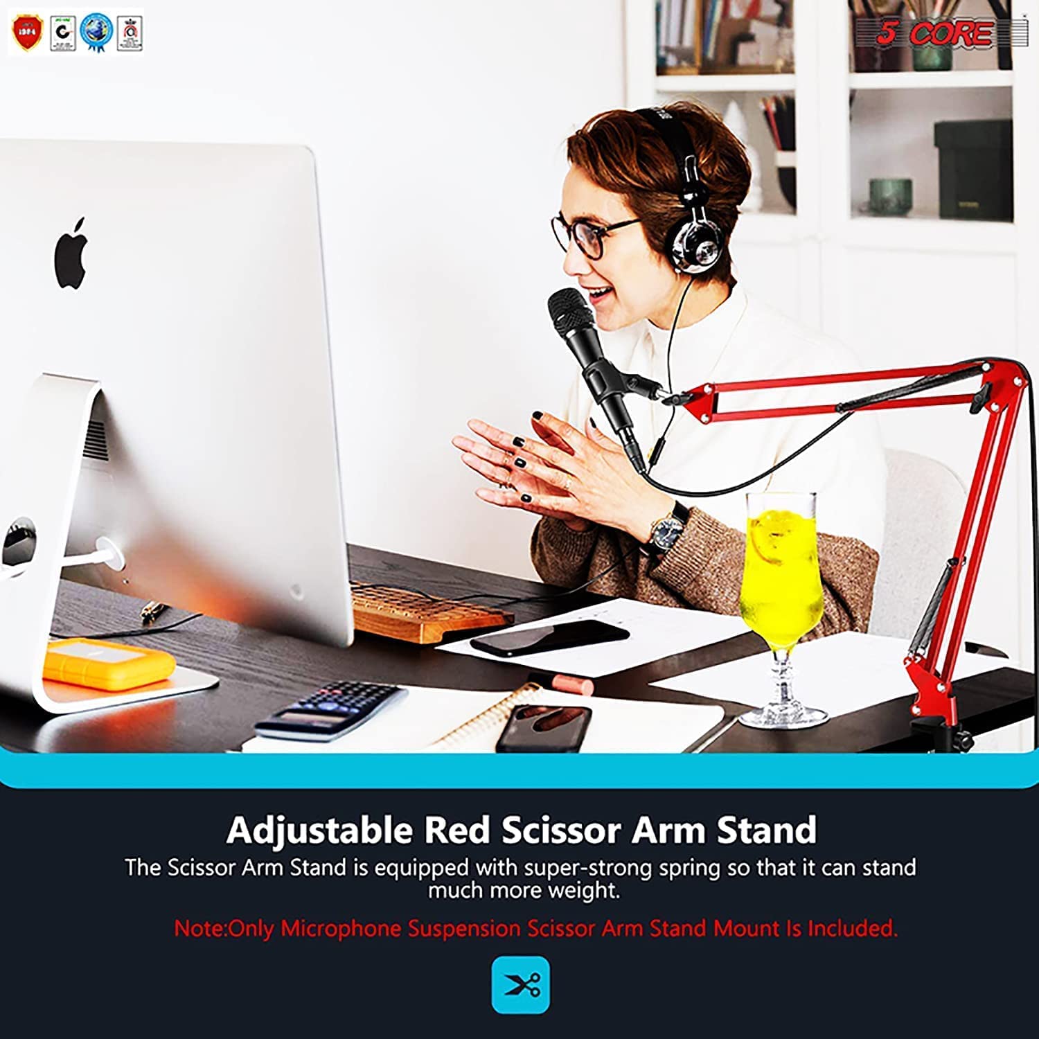Adjustable red scissor arm stand