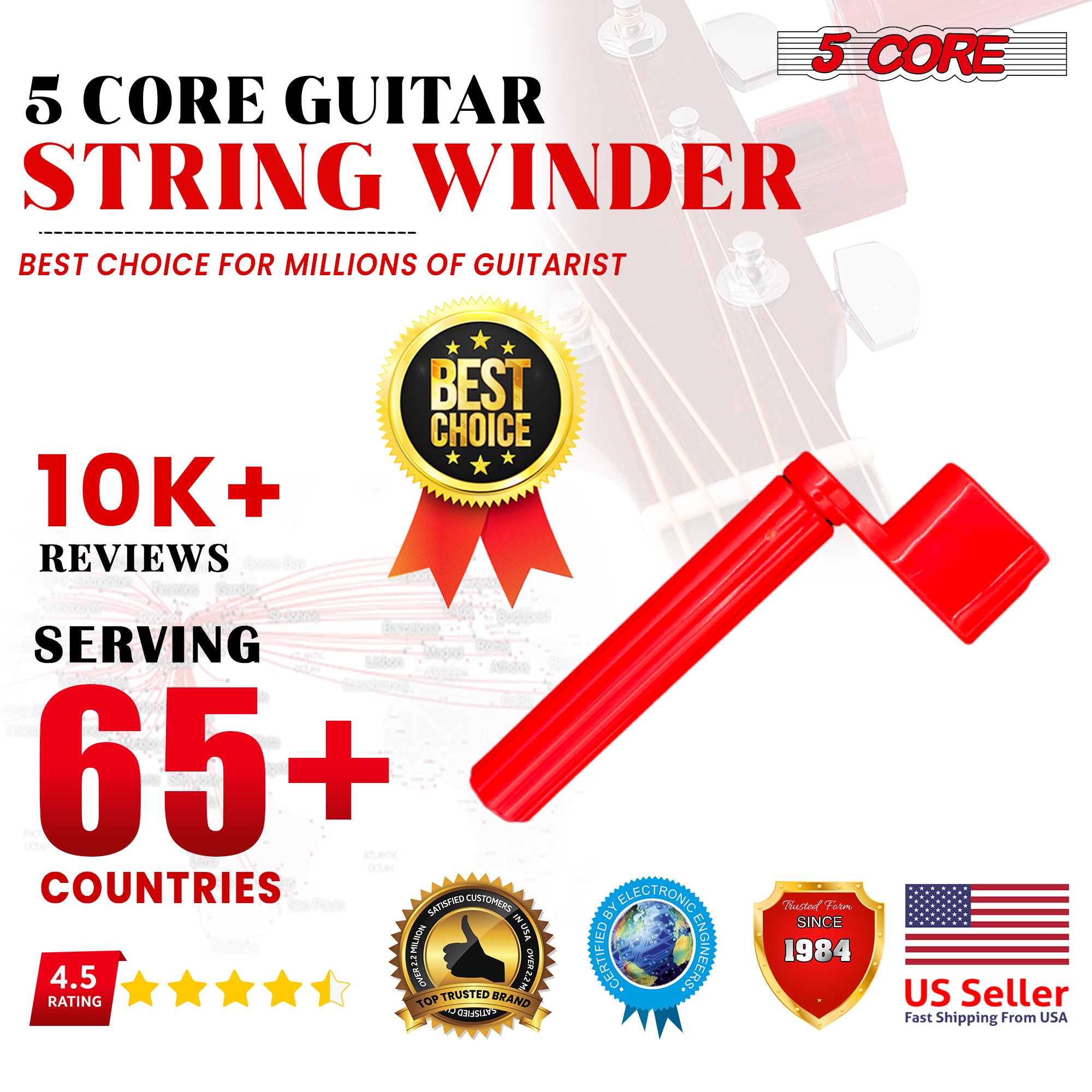 5 Core Guitar String Winder 6Pack Peg Winder Bridge Pin Tools for Acoustic Classical Electric Guitar