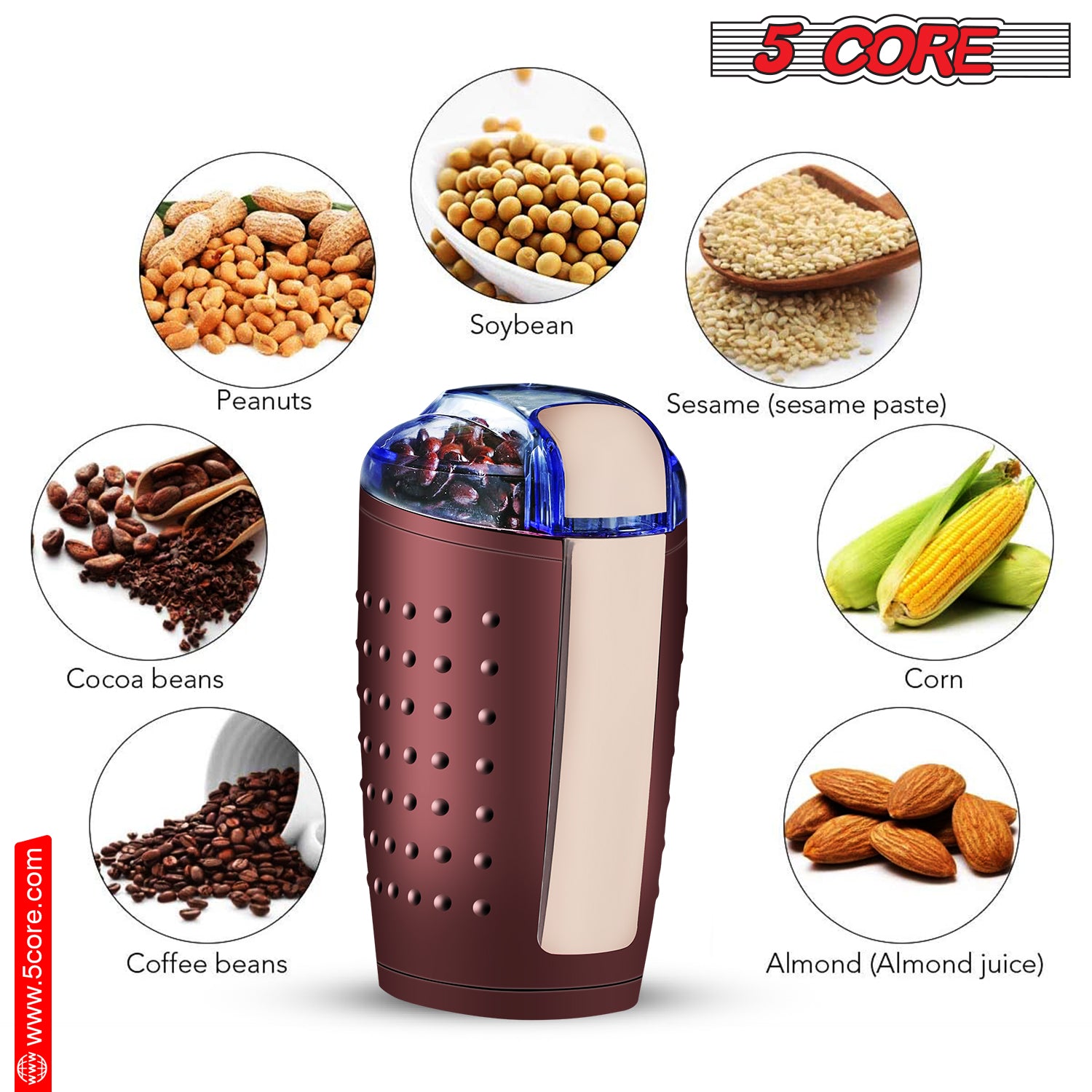Home Coffee Grinding Made Easy with 5 Core 85 Gram Grinder, 150W Motor in Brown
