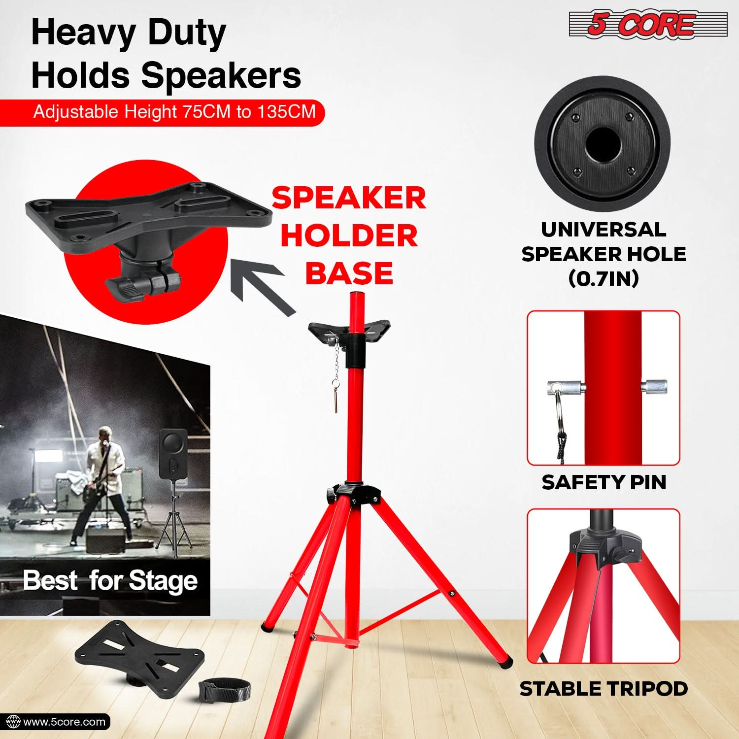 5Core Speaker Stand Tripod Tall Adjustable 72 Inch DJ Pole Mount Studio Monitor Stands RED