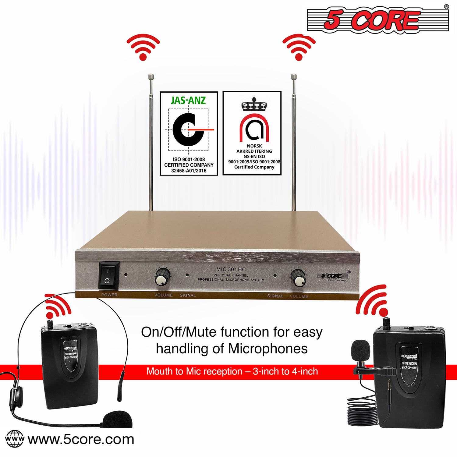 5Core Wireless Microphones w 1 Headset 1 Collar Mic with Receiver Microfono Inalambrico 165ft Range