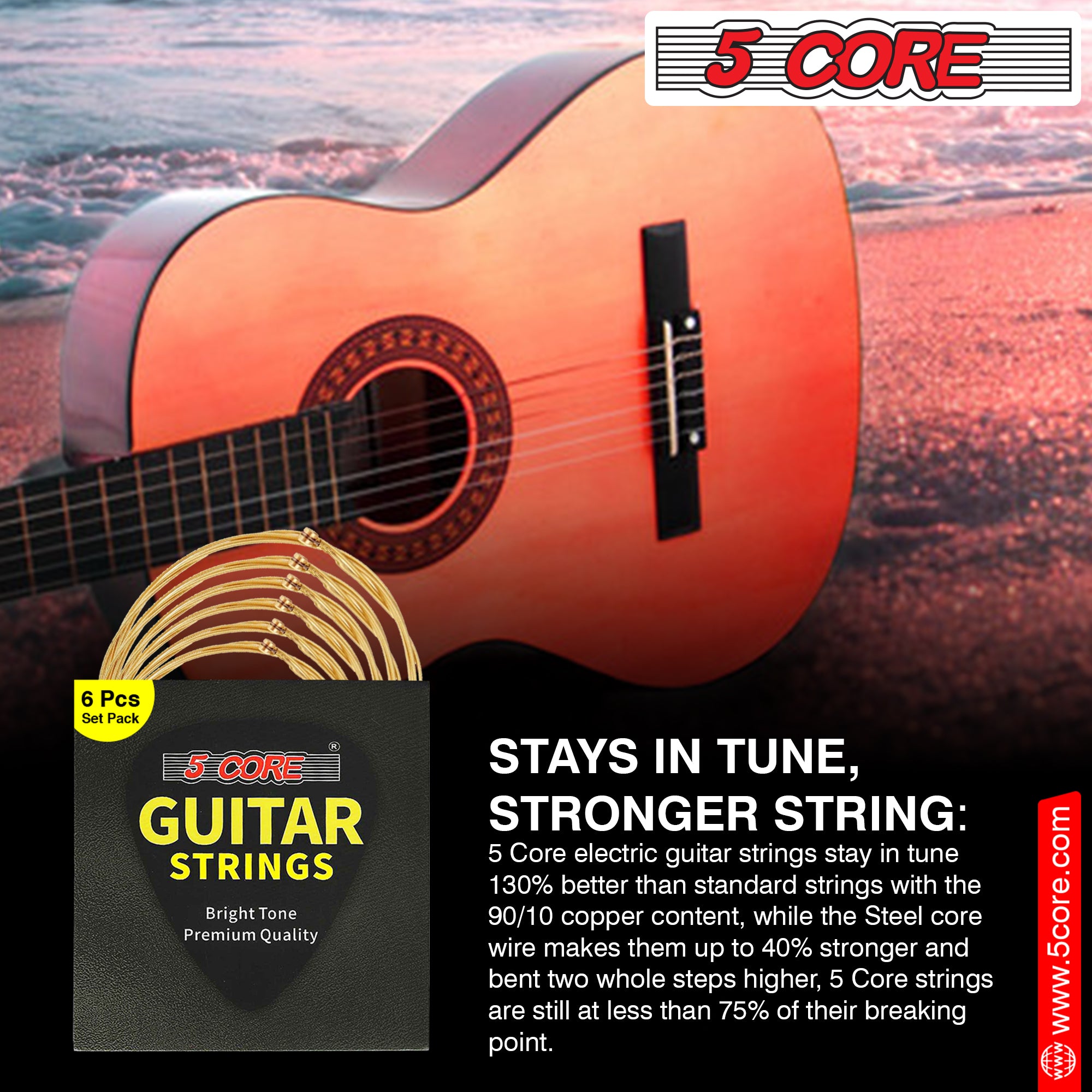 5 Core Guitar Strings • 0.010-0.047 Phosphor Bronze w Deep Bright Tone for 6 String Acoustic Guitars