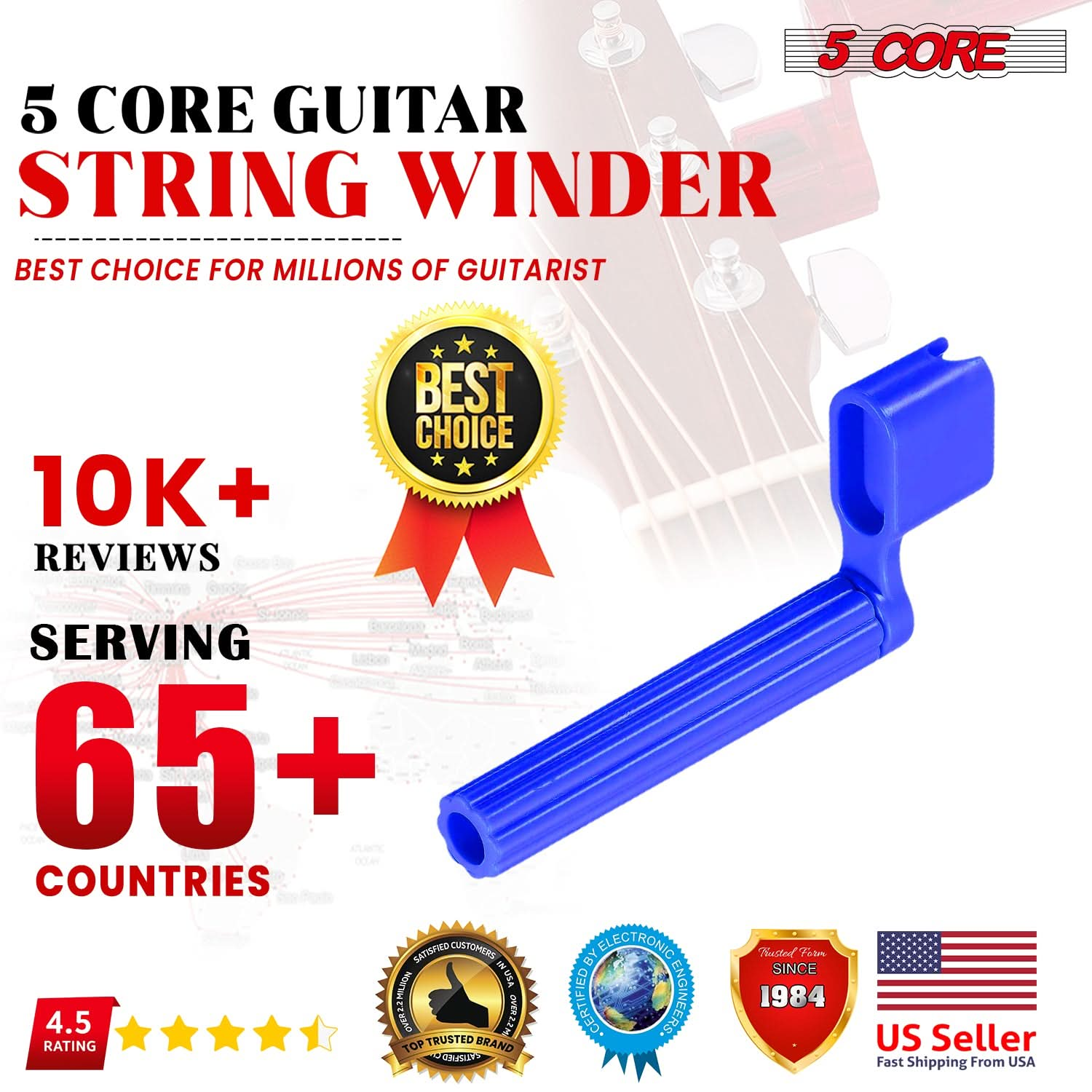 5Core Guitar String Winder Professional Guitars Tools Peg Winder with Bridge Pin Remover BLUE