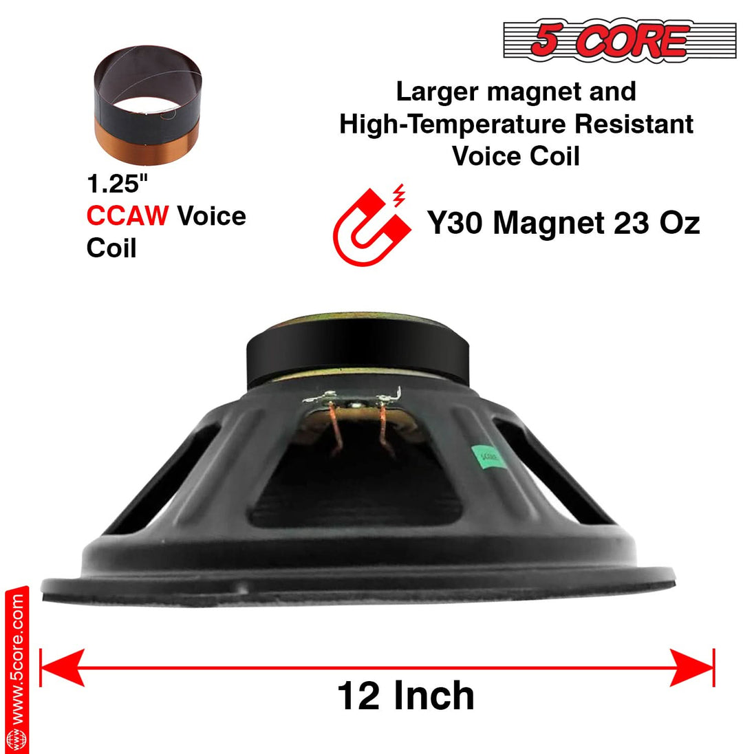 High-Efficiency 12 Inch Subwoofer by 5 Core - 1200W Peak, 8 Ohm, 23 Oz Magnet