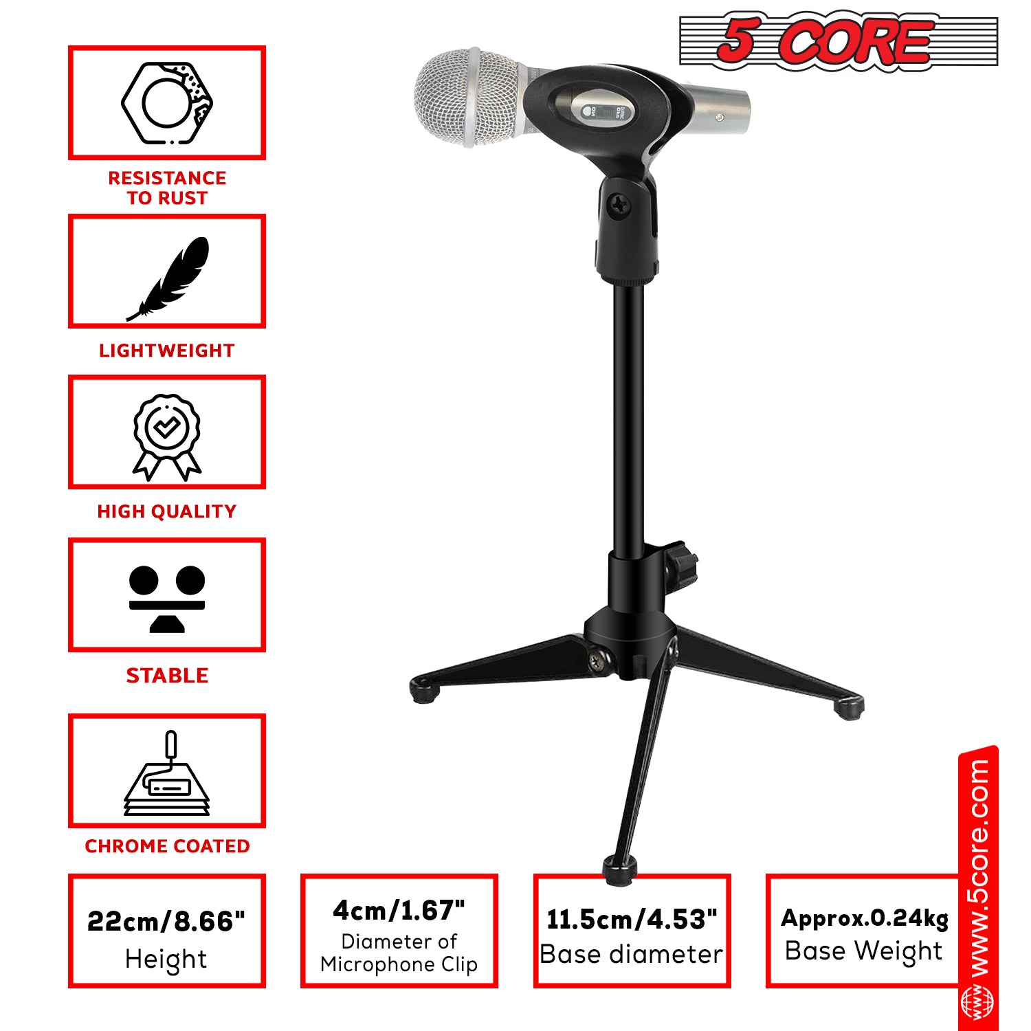 5 Core mini tripod mic stand: Compact and easy to use.