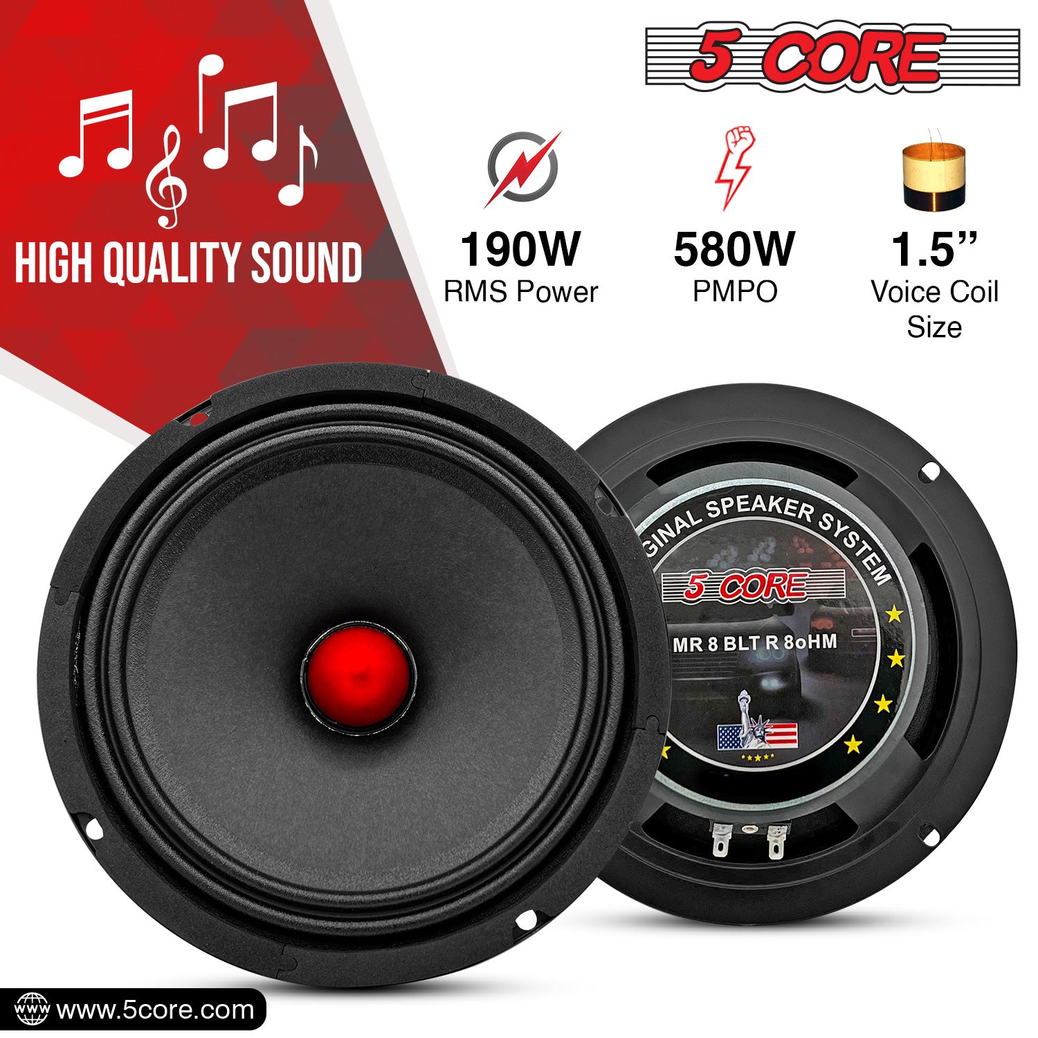 5 CORE 8 Inch Guitar Raw Speakers for Amplifier Cabinet 190W RMS 580W PMPO 8 Ohm