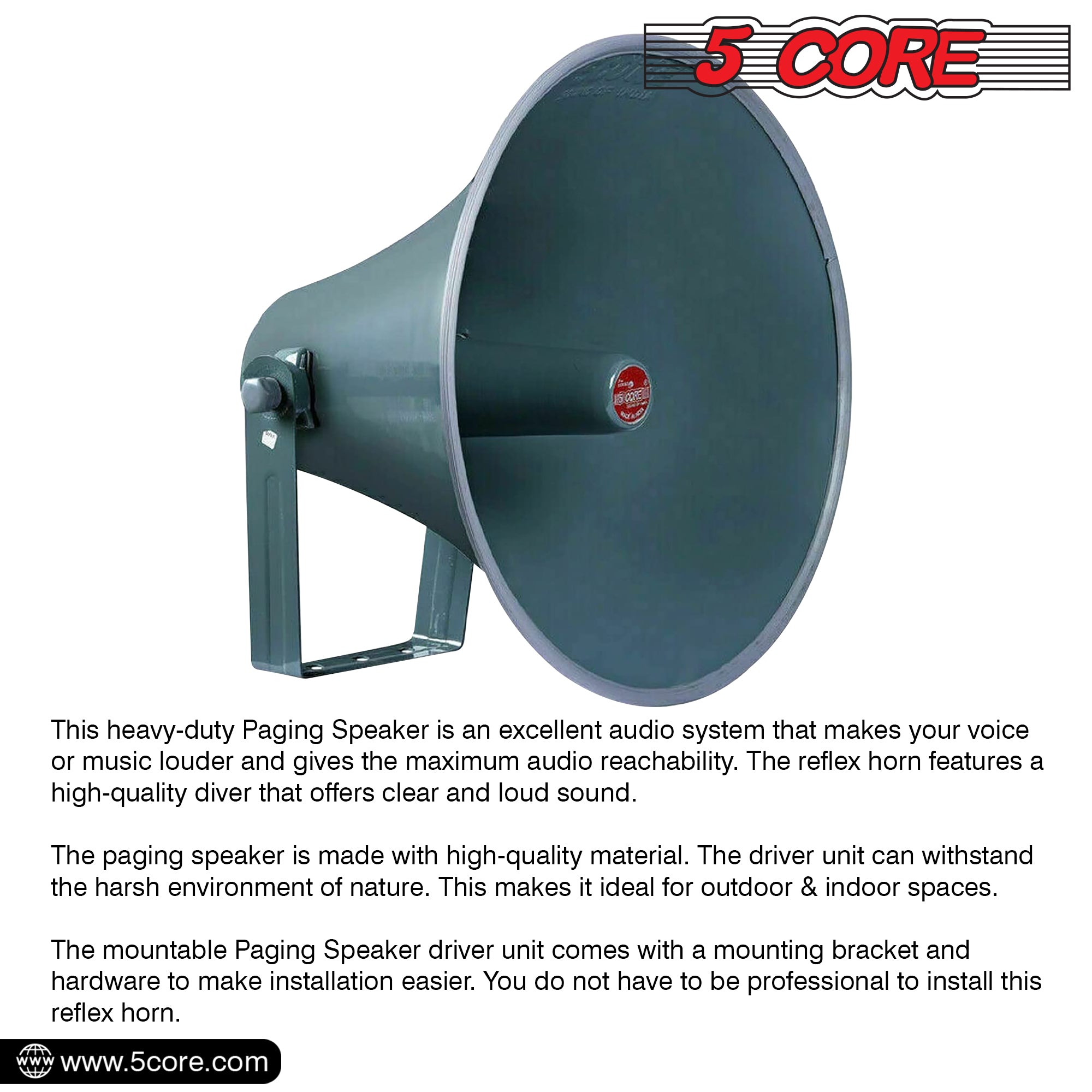 5 Core PA Horn Speaker 16 Inch Outdoor Horn Speakers All Weather Cone Speaker for CB Radio Premium Cornetas Amplificadas w Mounting Bracket -RH 16