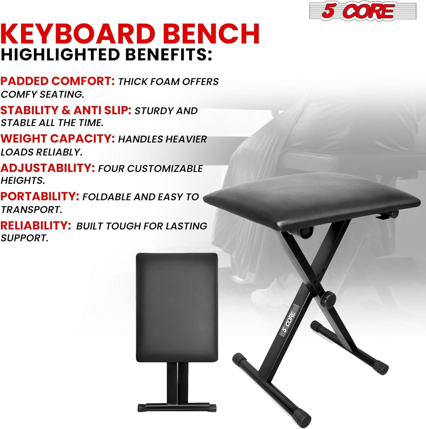 5Core Keyboard Stand Adjustable z Style Piano Riser + Keyboard Piano Bench