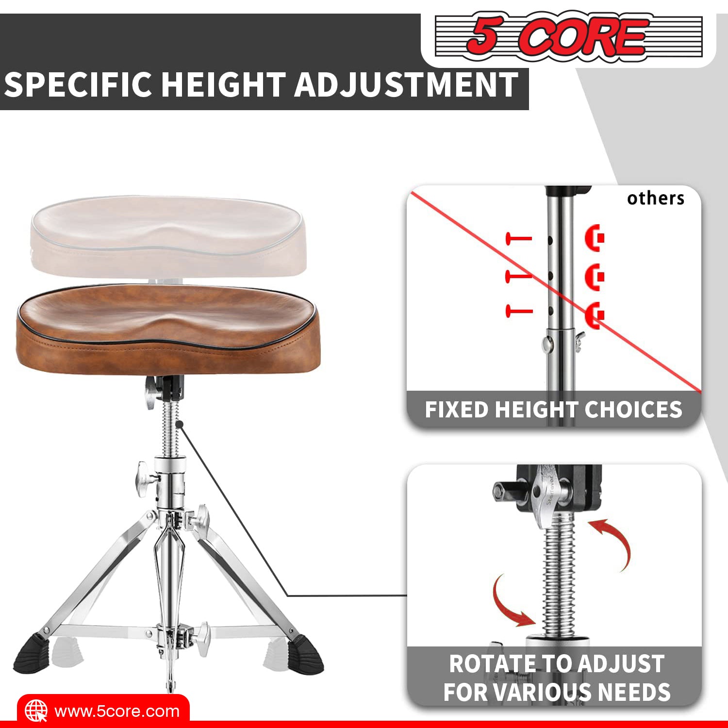 5 Core Ergonomic Drum Throne: Height adjustable padded seat for maximum comfort.