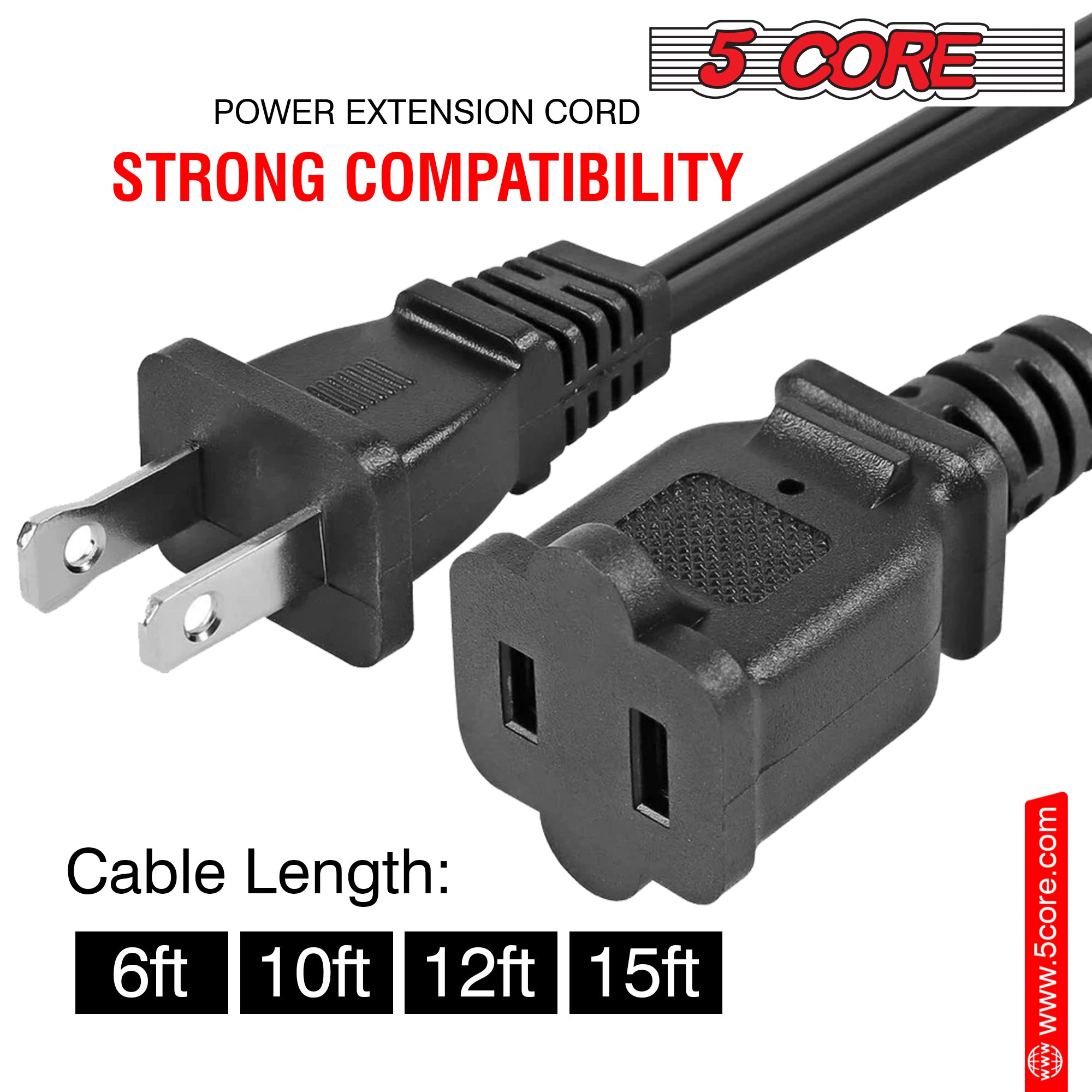 5 Core 2 Prong Extension Cord 10 ft Black Durable Two Prong Extension Cable US AC 2 Prong Christmas Light Extension Cord Outdoor Heavy Duty Plug Extender - EXC BLK 10FT