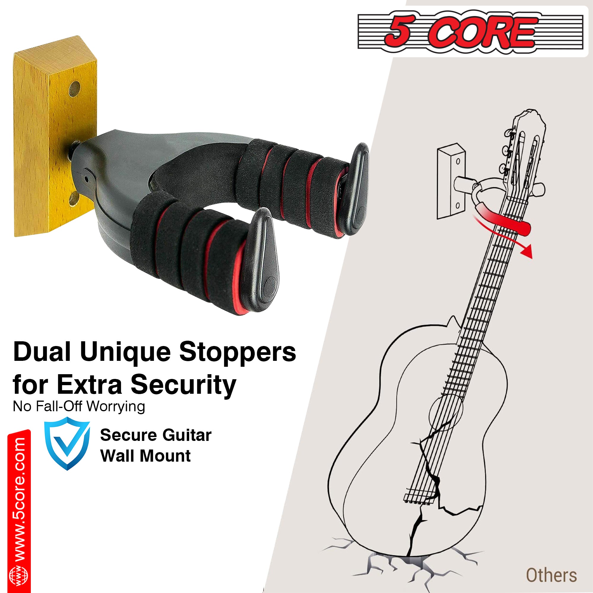 5Core Guitar Wall Mount Hanger Adjustable Rotatable Guitar Wall Holder Hook w Soft Padding
