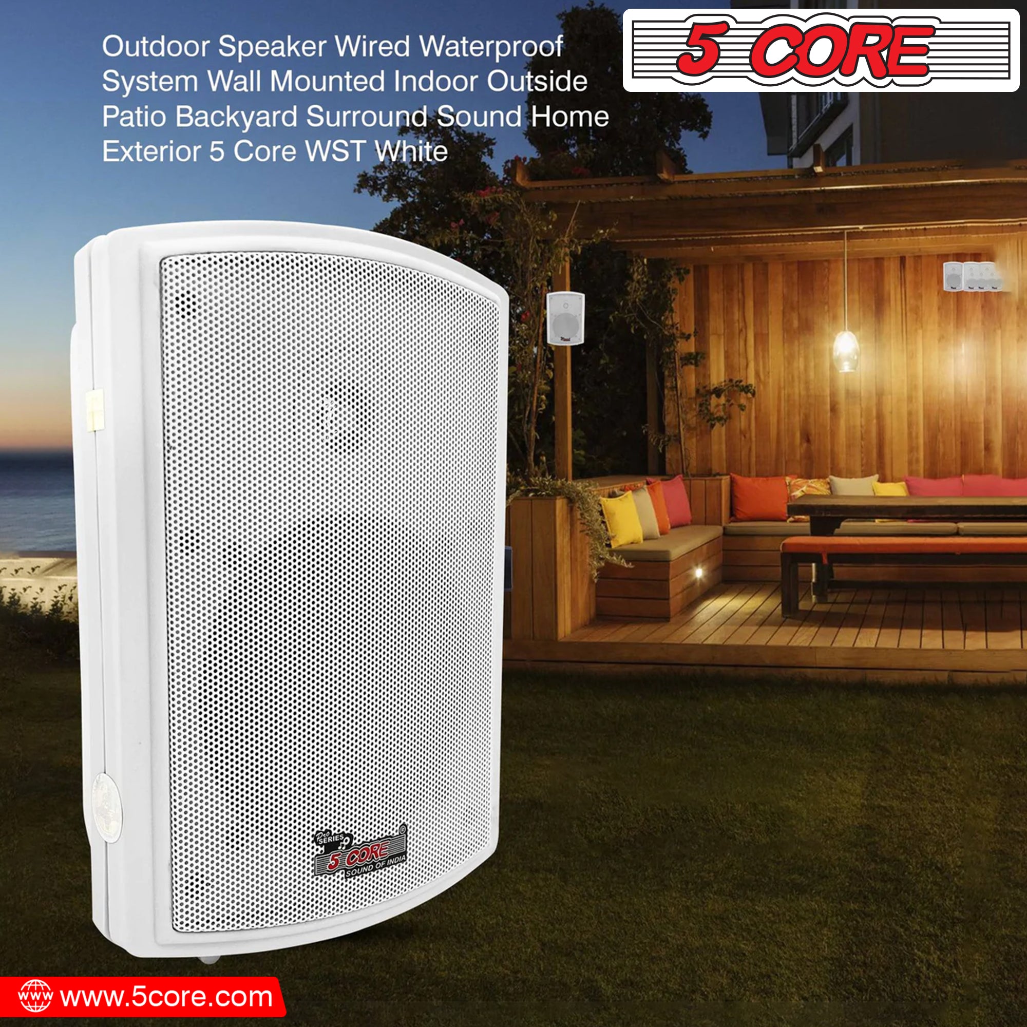 5 Core Wall Speaker System 2Pack 2 Way 400W PMPO • Heavy Duty Waterproof 5.25" Wall Mount Speakers.