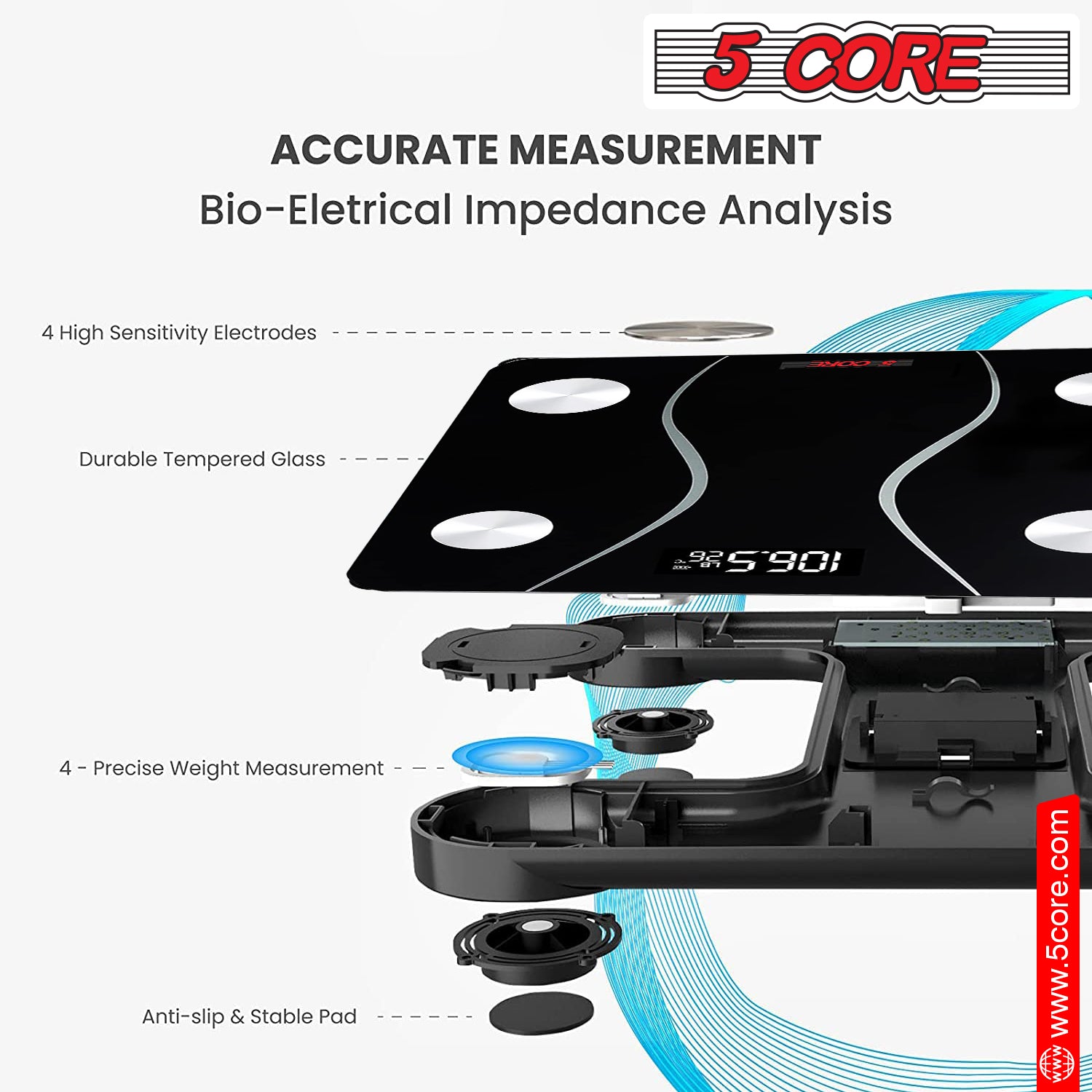 Sleek Black 5 Core Digital Bathroom Scale for Accurate Body Weight Measurement
