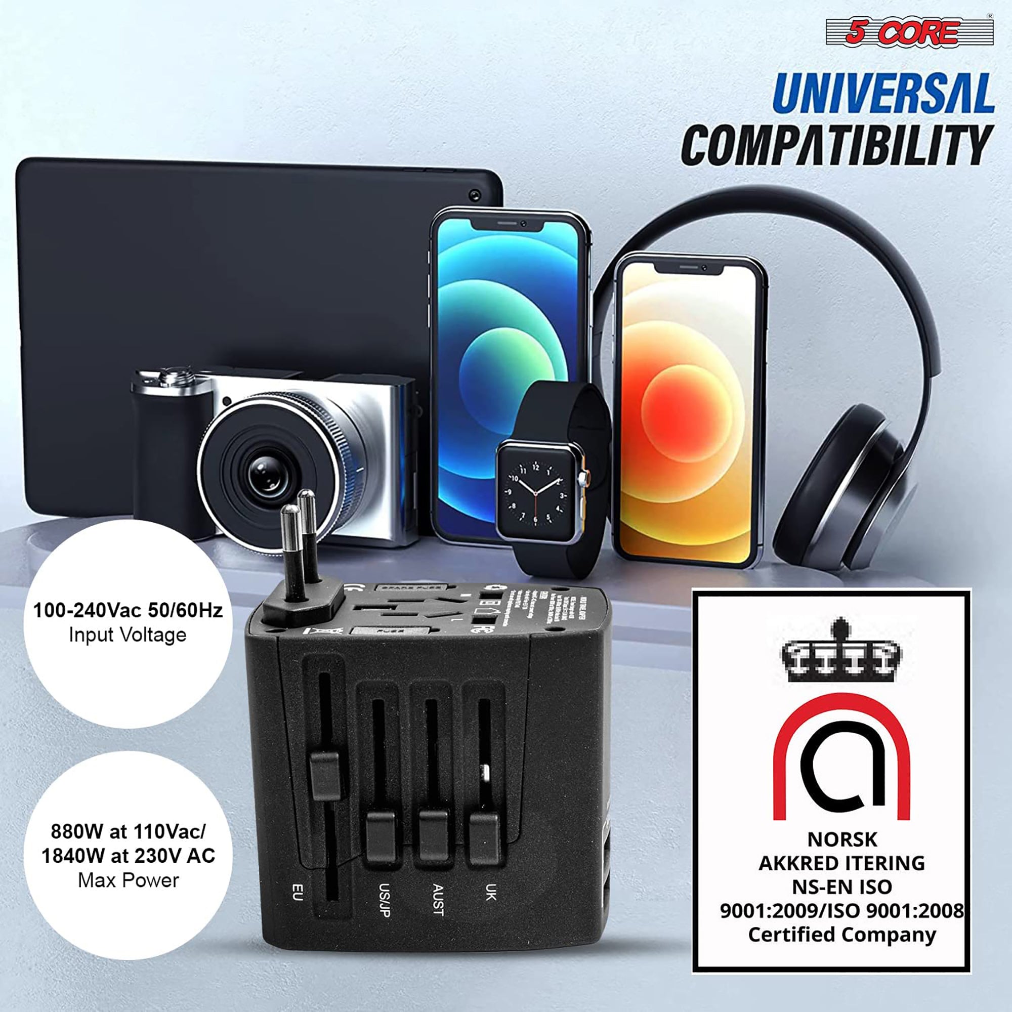 5 Core International Plug Adapter 3 Pack • Universal Travel Multicharger Power Adaptor w 4 USB Ports