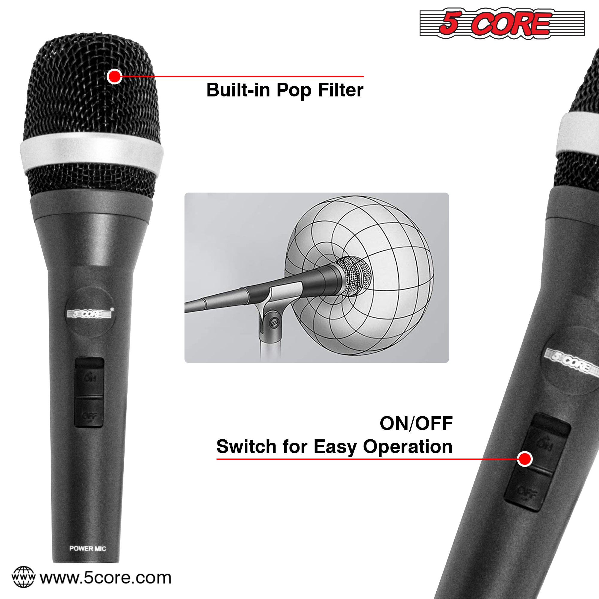 5 Core Karaoke Microphone Dynamic Vocal Handheld Mic Cardioid Unidirectional Microfono w On and Off Switch Includes XLR Audio Cable Bag Mic Holder -5C-POWER