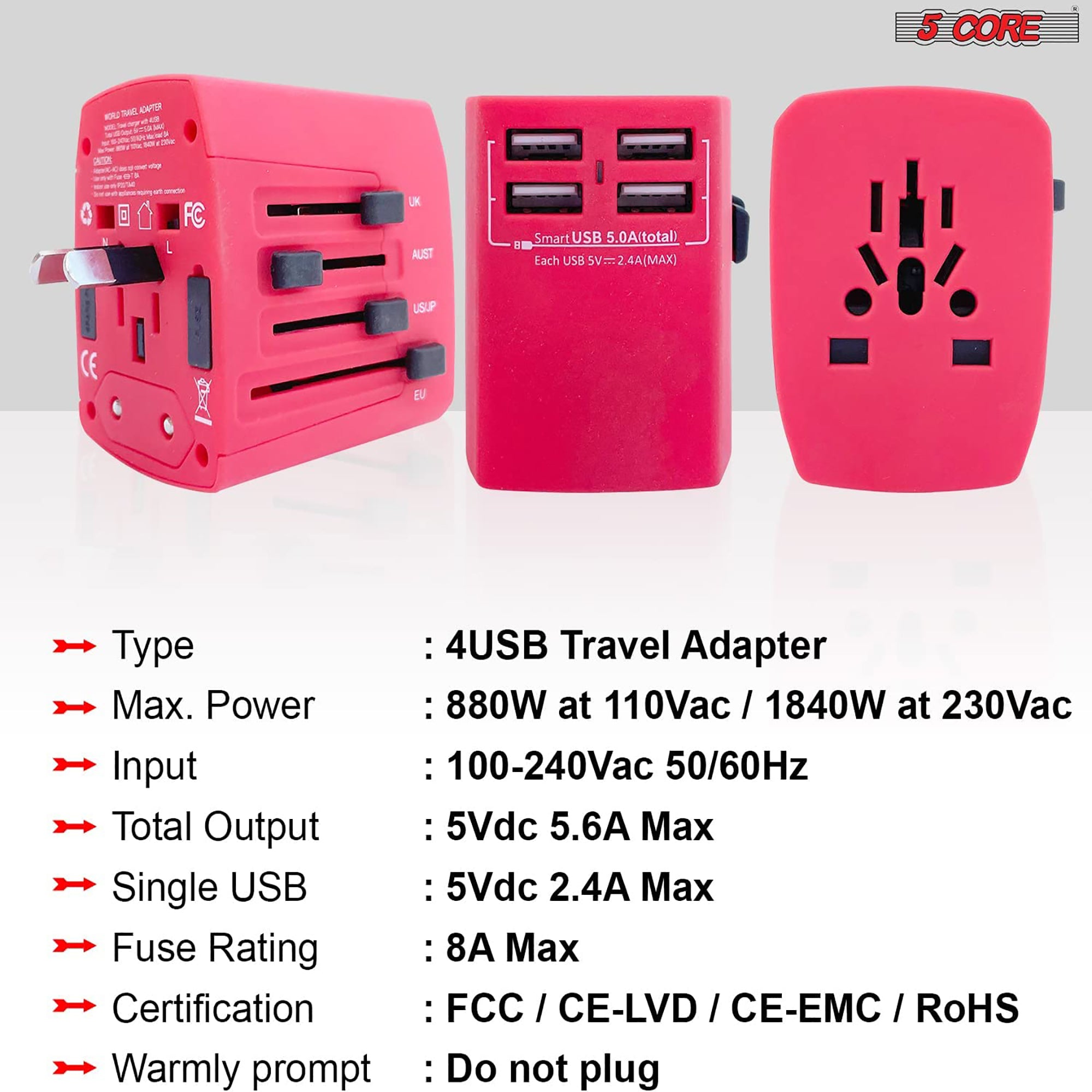 5 Core Travel Adapter 1 Piece Red International Power Adapter Plug Multi Outlet Port 4 USB Travel Charger Universal AC Plug Outlet Adapter- UTA R