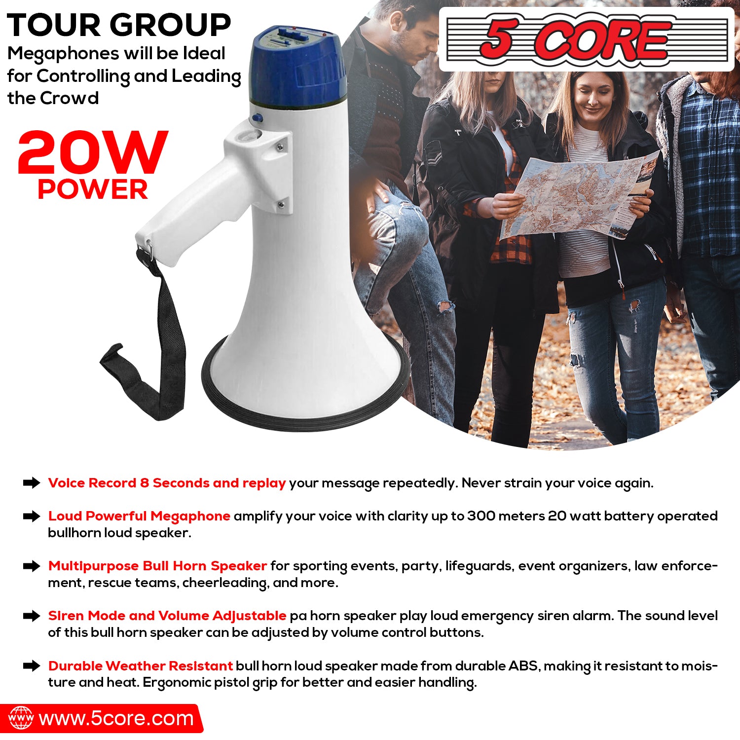5 Core Portable Megaphone Speaker • 20W Bullhorn w Siren • Adjustable Volume Bull Horn • 300m Range