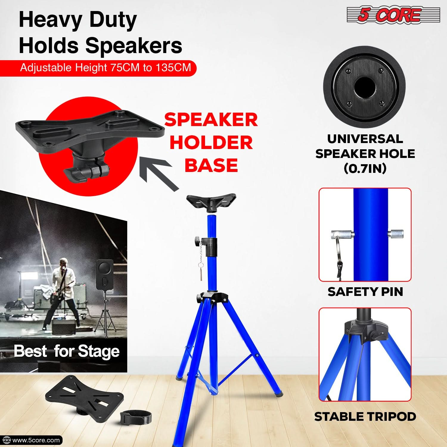 5Core Speaker Stand Tripod Tall Adjustable 72 Inch DJ Pole Mount Studio Monitor Stands BLUE