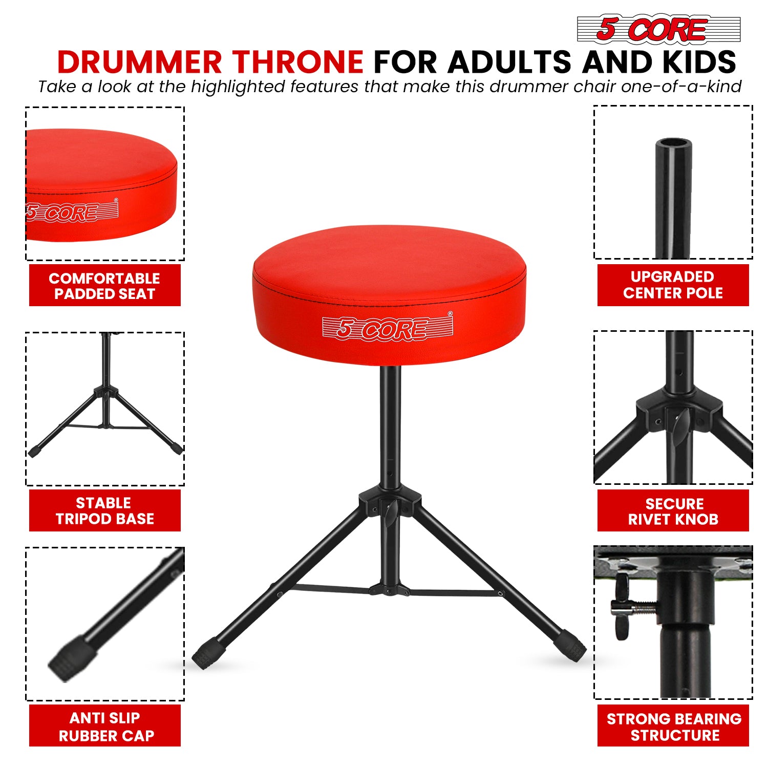 5Core Drum Throne Adjustable Guitar Stool Padded Drummer Seat for Adults & Kids RED