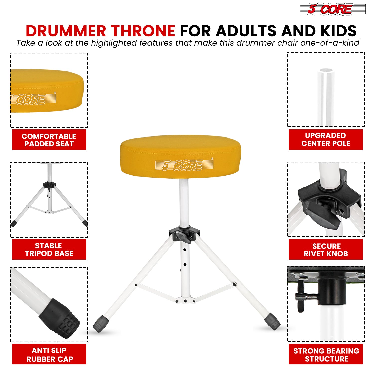 5Core Drum Throne Adjustable Guitar Stool Padded Drummer Seat for Adults & Kids YELLOW