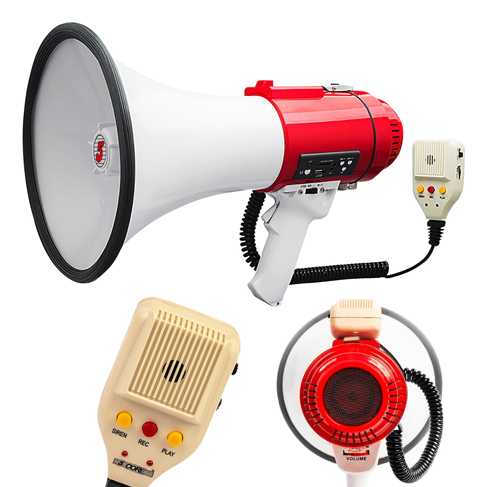 5 Core High Power Megaphone 60W Loud Siren Noise Maker Professional Bullhorn Speaker Rechargeable PA System w Recording USB SD Card Adjustable Volume for Sports Speeches Events Emergencies - 77SF