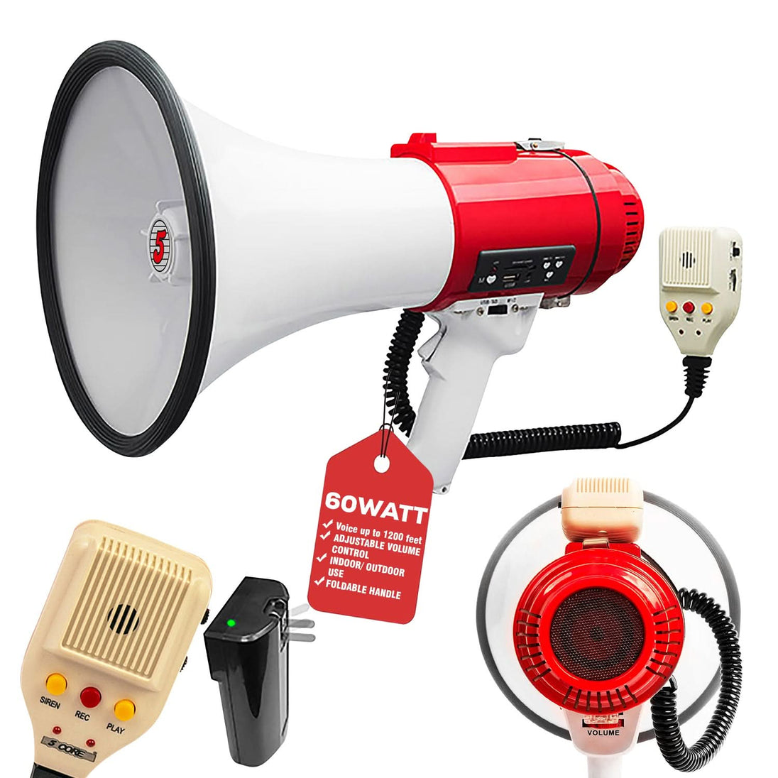 Rechargeable megaphone with siren and loudspeaker for cheer megaphone use.