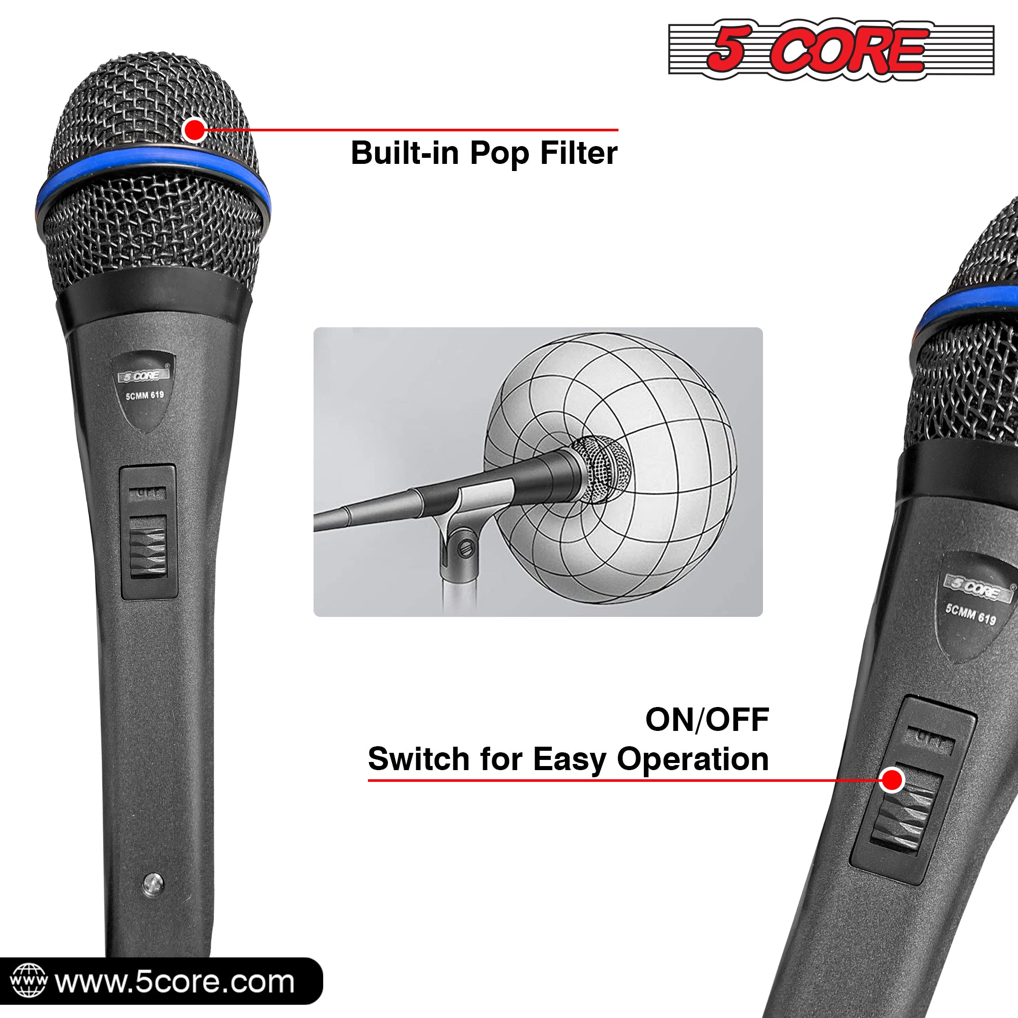 5 Core Microphone Karaoke XLR Wired Mic Professional Studio Microfonos w ON/OFF Switch Pop Filter Dynamic Cardioid Unidirectional Pickup -PM 619