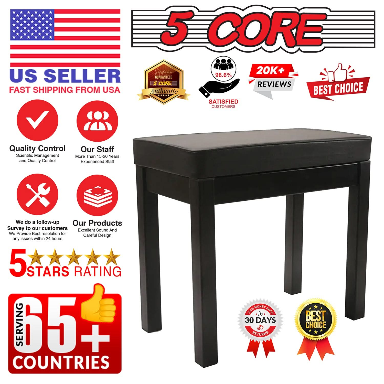 5Core Piano Bench with Storage Compartment Keyboard Stool w Iron Legs Comfortable Waterproof Seat