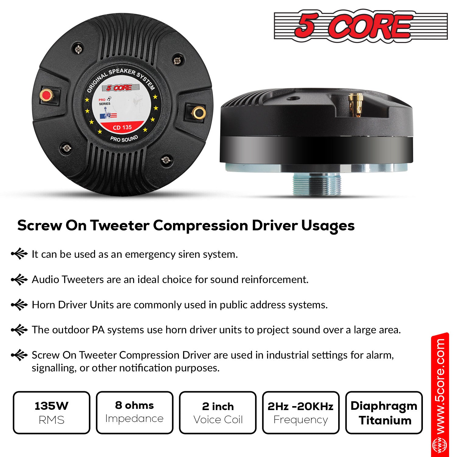 5 Core Compression Driver • 1350W PMPO • Titanium Tweeter Diaphragm 8 Ohm Throat Twist Horn Speaker